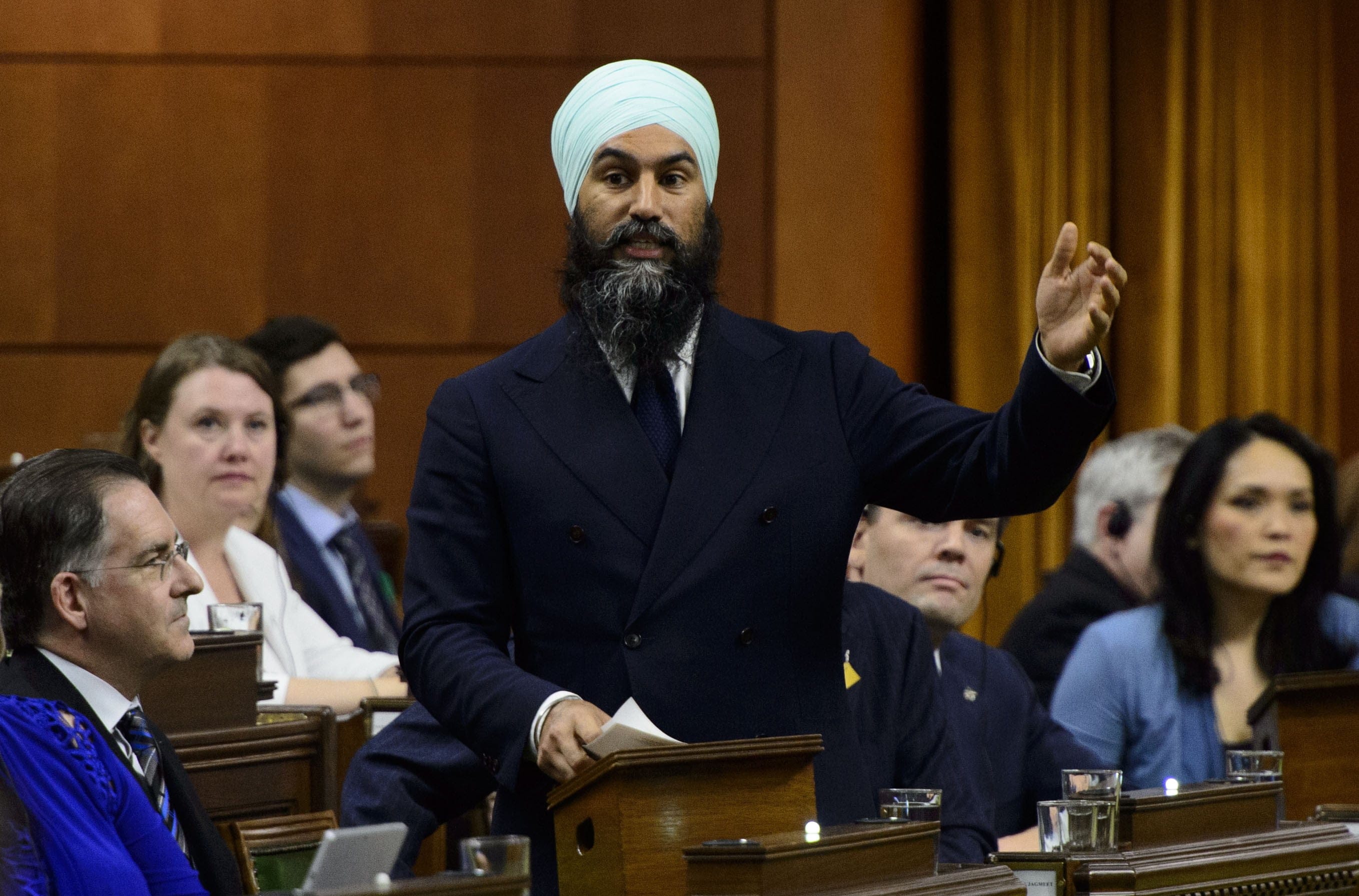 Singh stands during question period in the House of Commons on Parliament Hill on May 15, 2019. (THE CANADIAN PRESS/Sean Kilpatrick)