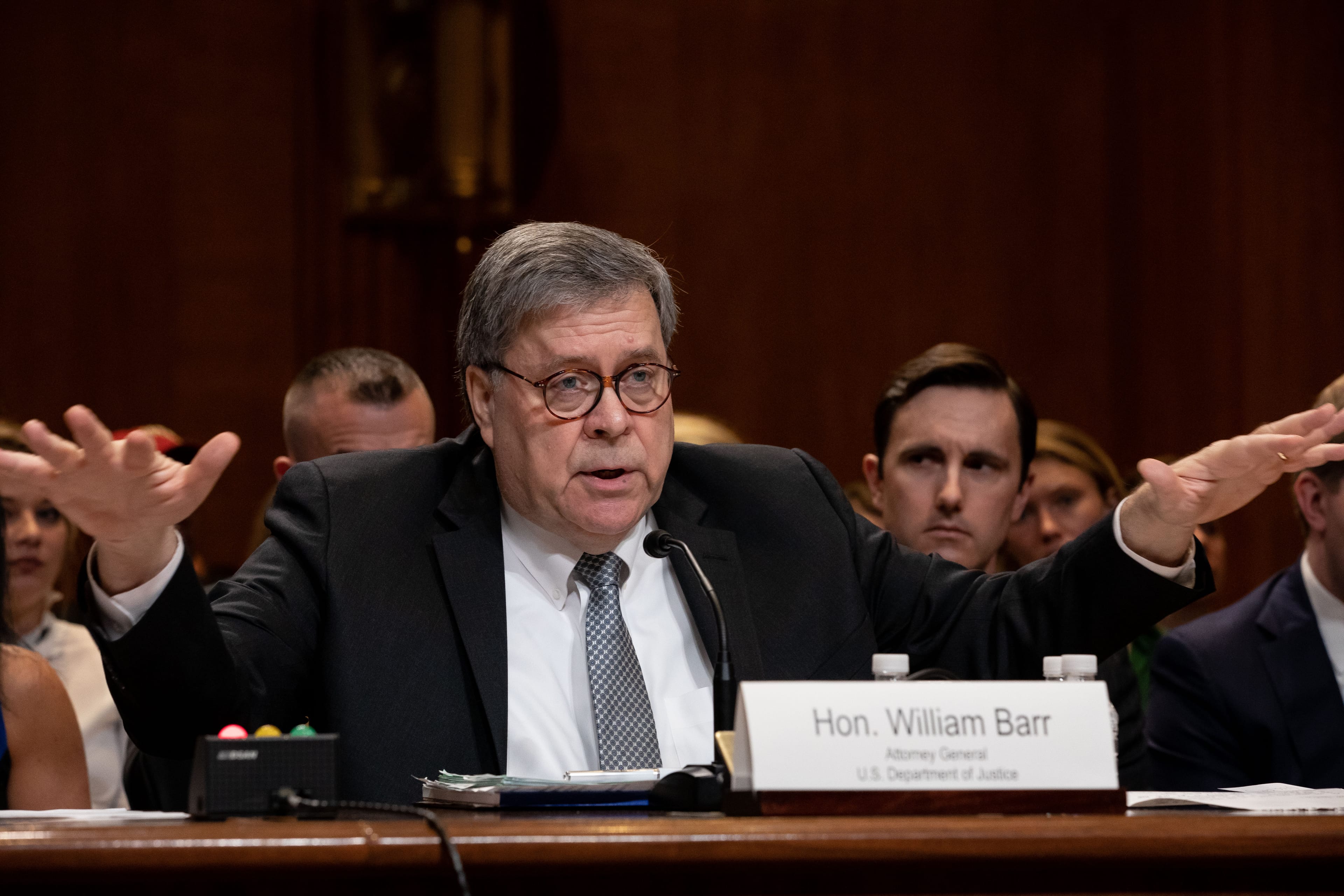 William Barr, U.S. attorney general, speaks during a House Appropriations Subcommittee hearing in Washington, D.C., U.S., on Wednesday, April 10, 2019. Barr said that he's starting his own inquiry into counterintelligence decisions that may have amounted to political "spying," including actions taken during the probe of the Trump campaign in 2016. Photographer: Anna Moneymaker/Bloomberg via Getty Images