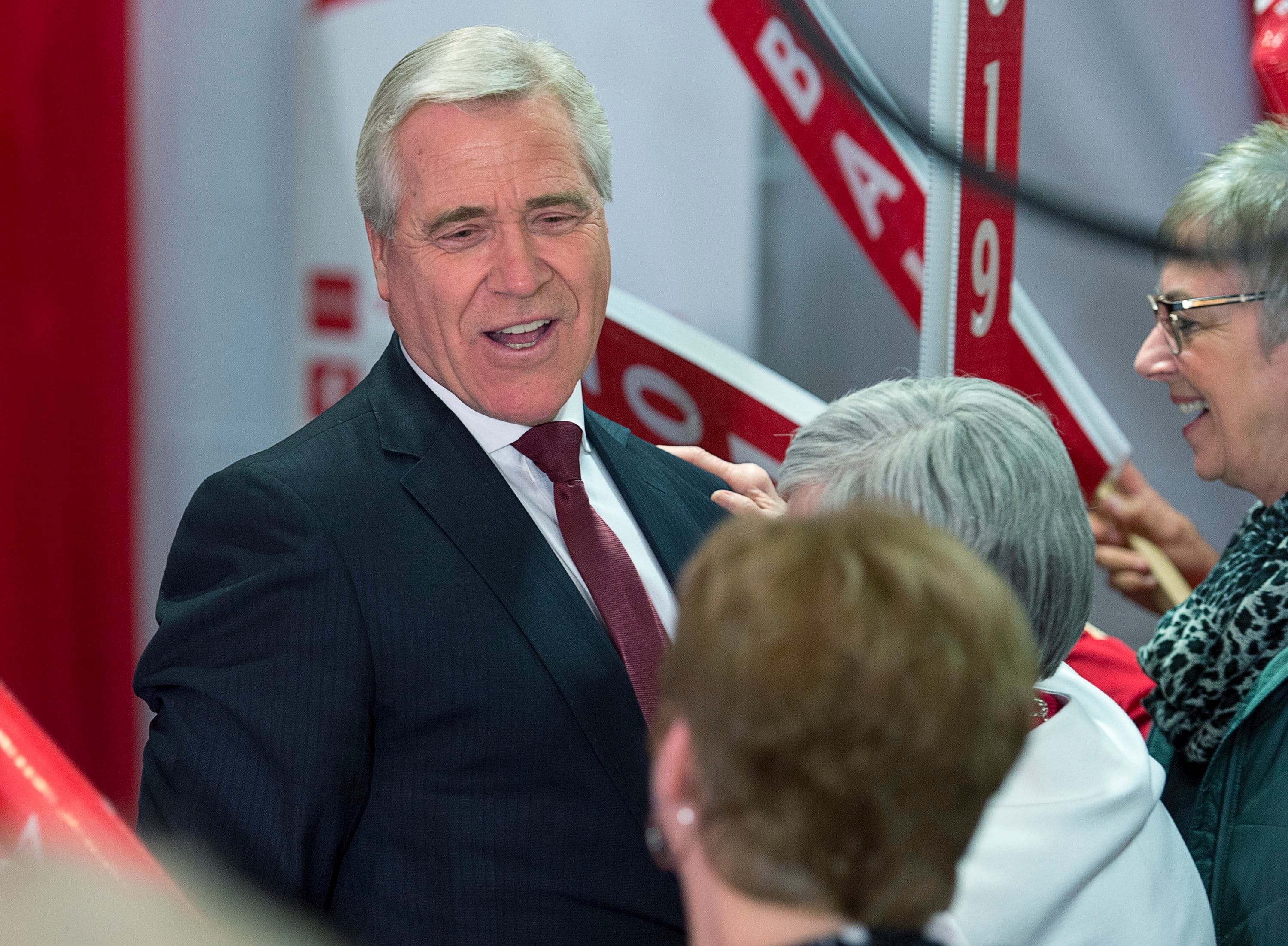 Ball greeting supporters in Corner Brook, Nfld. after winning a minority government in Thursday's election (Andrew Vaughan/CP)
