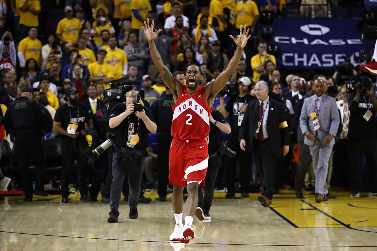 Kawhi Leonard #2 of the Toronto Raptors celebrates his teams win over the Golden State Warriors in Game Six to win the 2019 NBA Finals at ORACLE Arena on June 13, 2019 in Oakland, California. NOTE TO USER: User expressly acknowledges and agrees that, by downloading and or using this photograph, User is consenting to the terms and conditions of the Getty Images License Agreement. (Ezra Shaw/Getty Images)