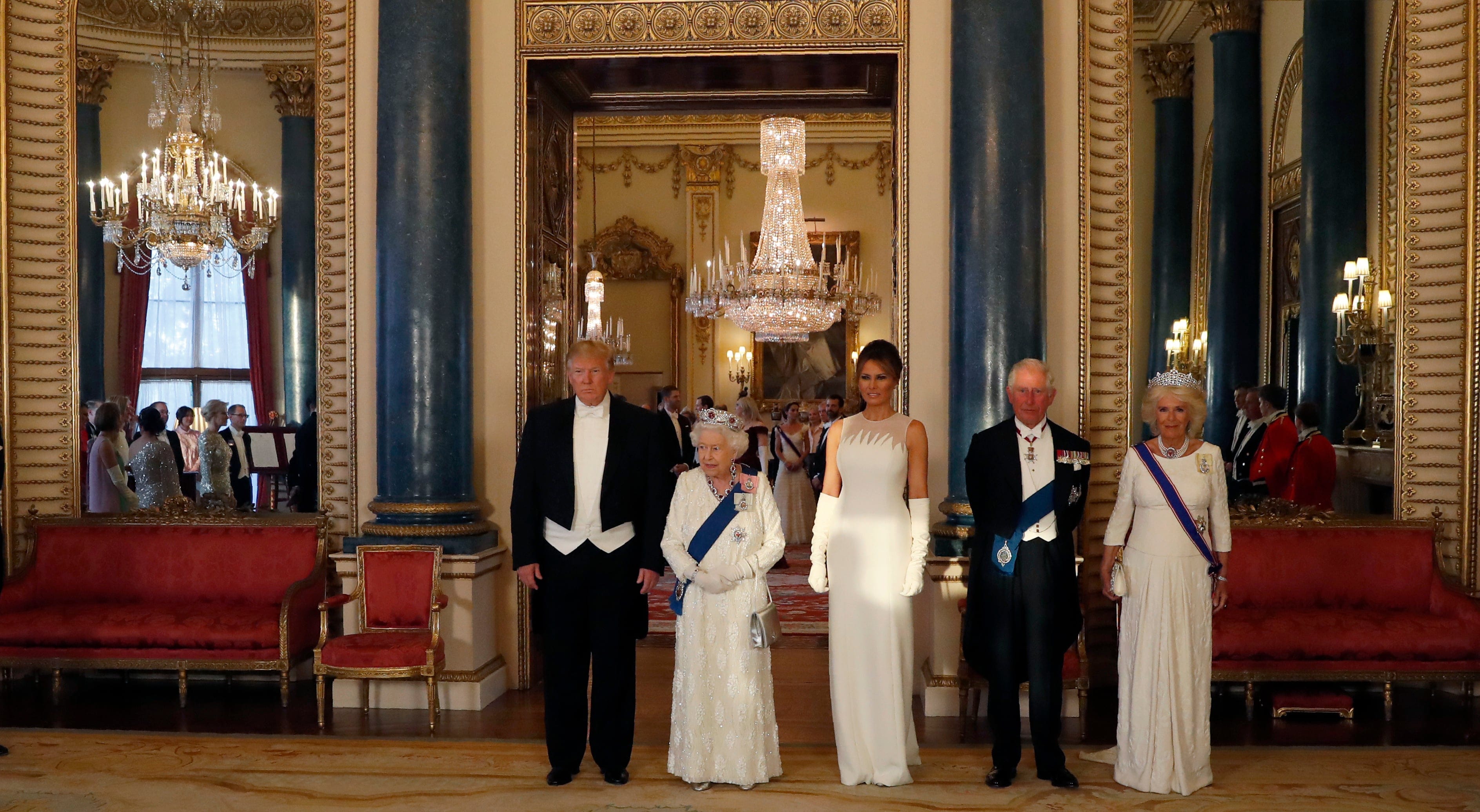 U.S. President Donald Trump, Queen Elizabeth II, First Lady Melania Trump, Prince Charles Prince of Wales and Camilla Duchess of Cornwall pose for a photograph ahead of a State Banquet at Buckingham Palace on June 3, 2019 in London, England. (Alastair Grant - WPA Pool/Getty Images)