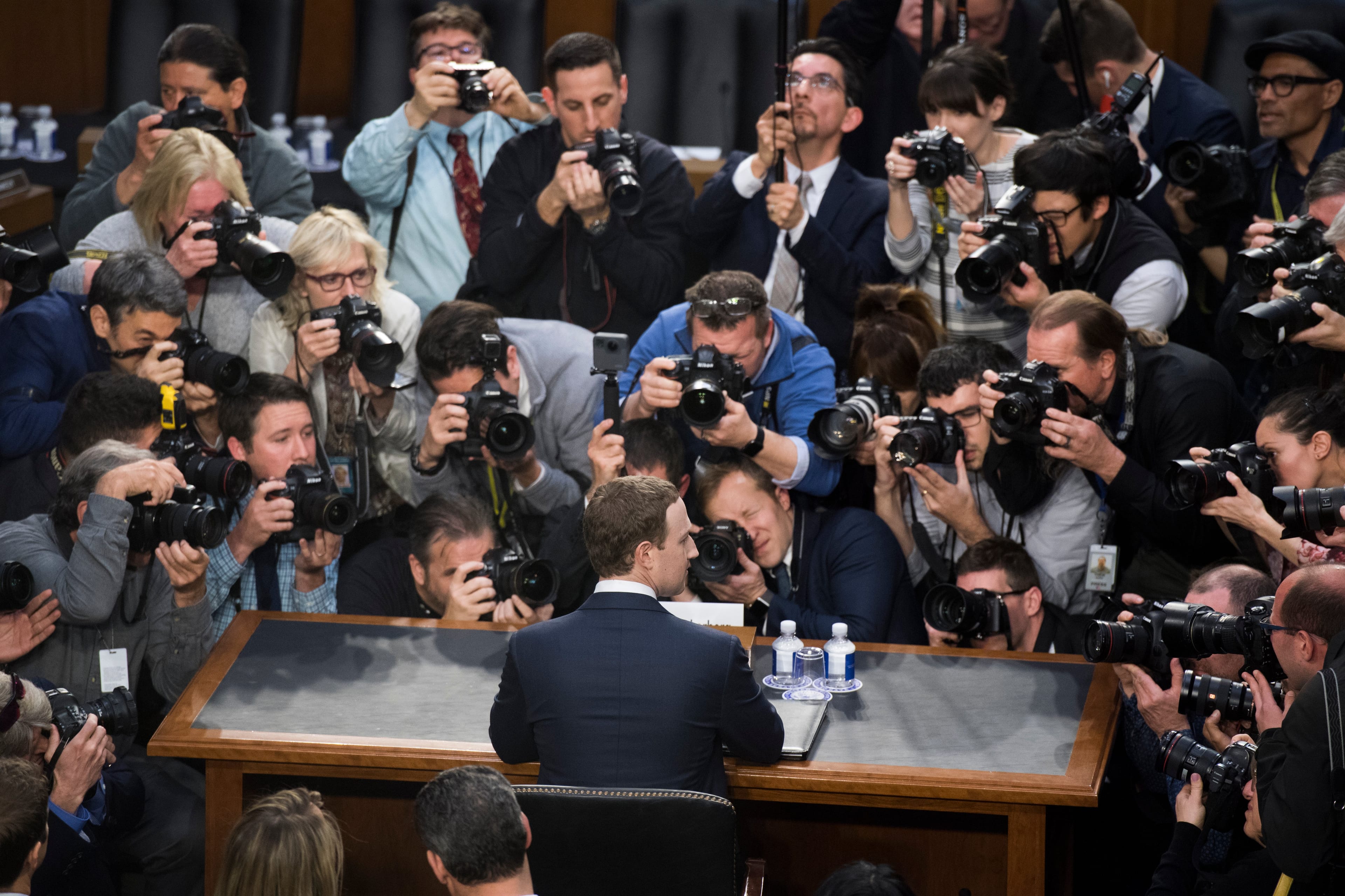 Facebook CEO Mark Zuckerberg arrives to testify before a joint hearing of the Senate Judiciary and Commerce Committees on the protection of user data in Hart Building on April 10, 2018. (Photo By Tom Williams/CQ Roll Call)