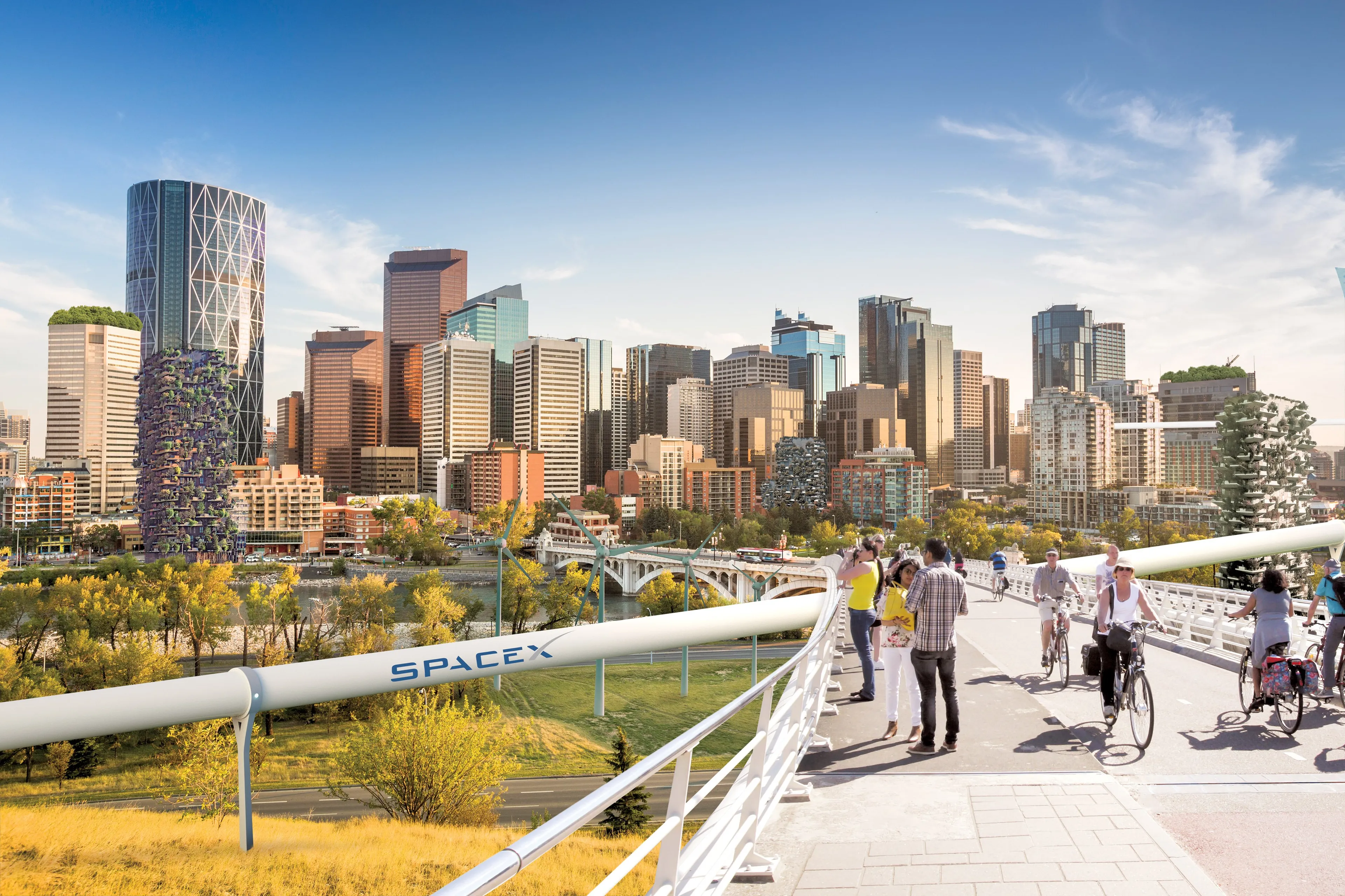In the post-carbon future, downtown Calgary could boast green tech like hyperloops, wind farms and sustainable architecture (Photo illustration by Lauren Cattermole and Drew Maynard)