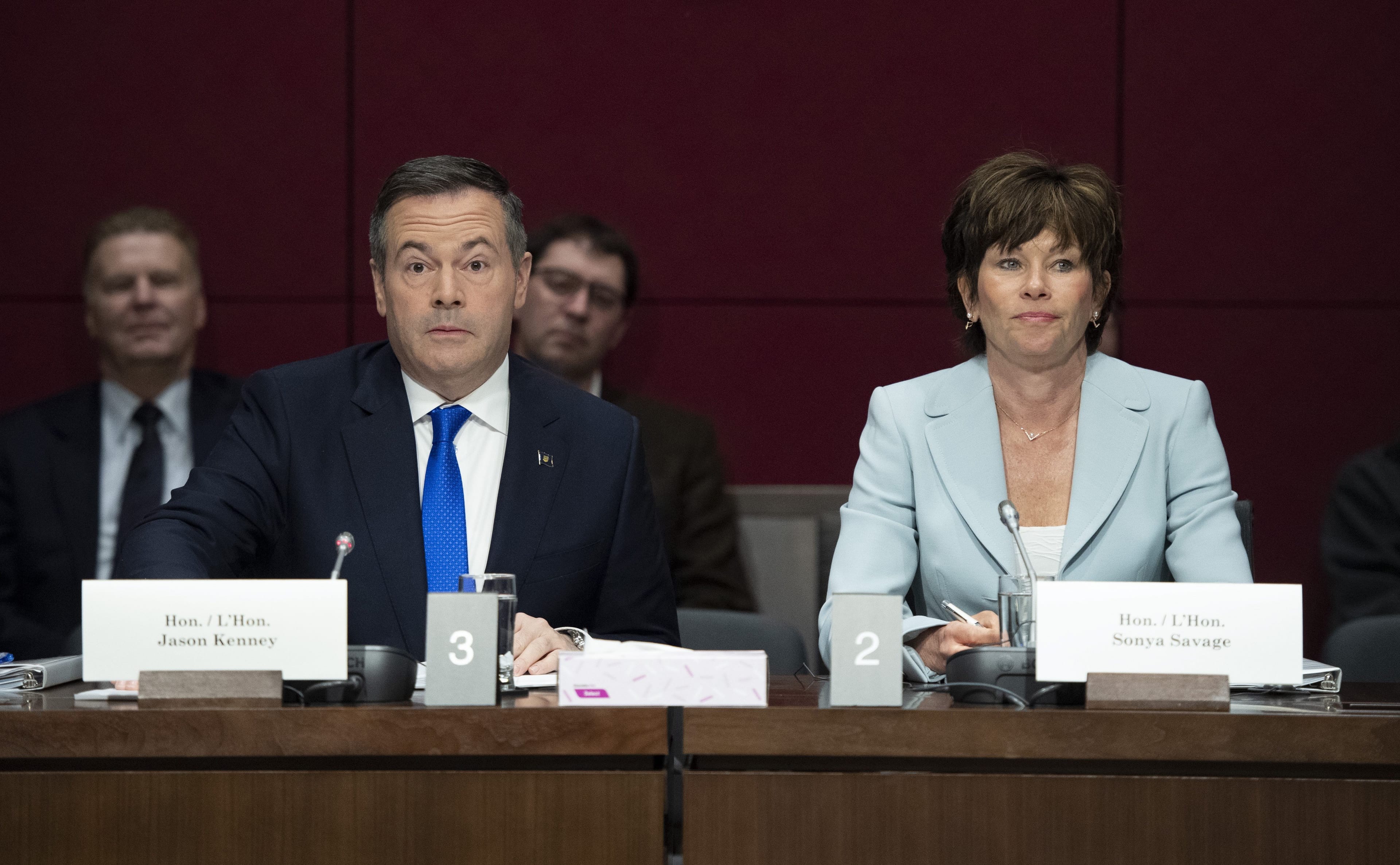 Kenney and Alberta's minister of energy, Sonya Savage, at a Senate committee hearing not long after Kenney announced his $30-million 'war room' to counter criticisms of the province's oil industry. (Justin Tang/CP)
