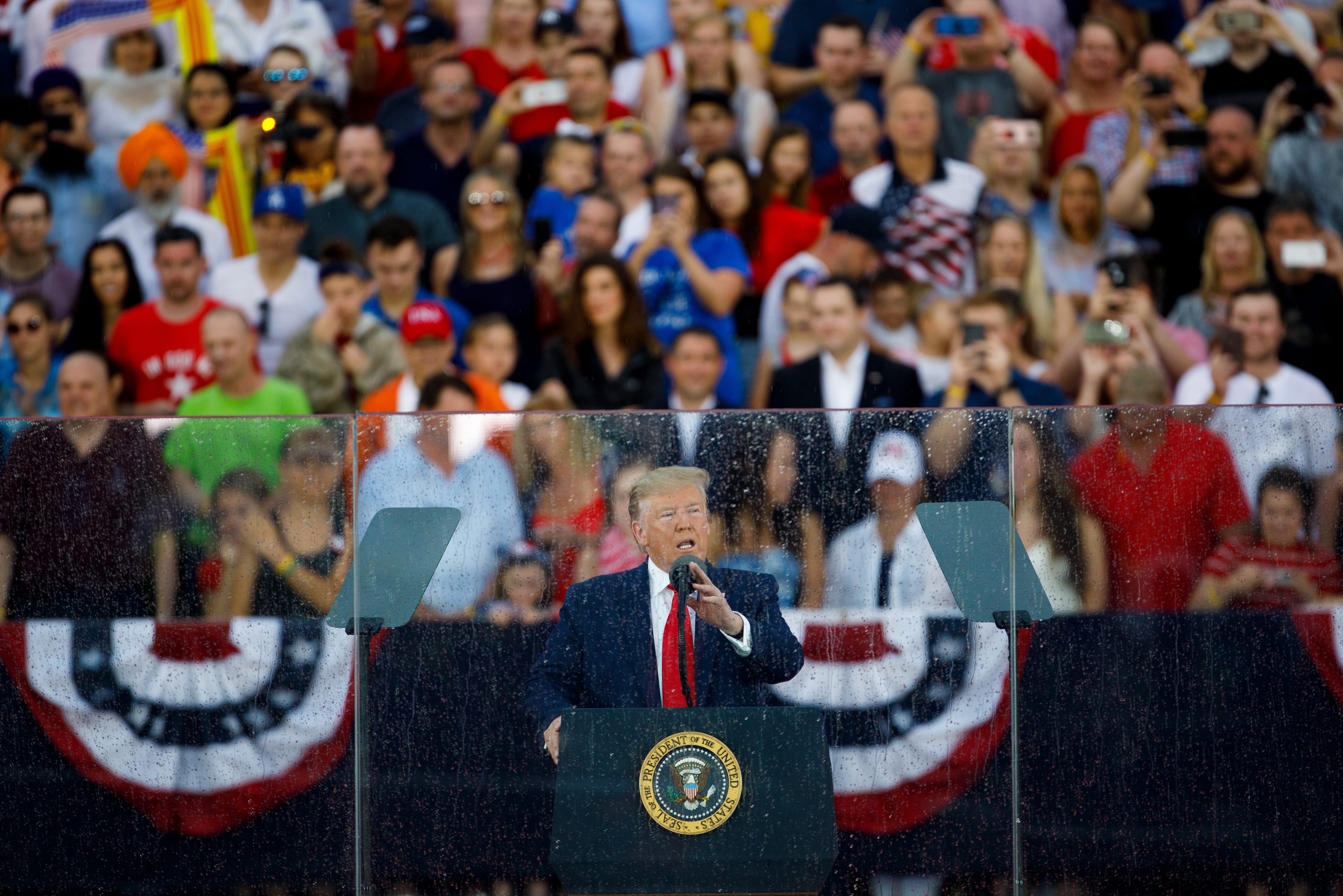 U.S. President Donald Trump delivers remarks during the Independence Day celebration event at the Lincoln Memorial in Washington D.C., the United States, July 4, 2019. (Ting Shen/Xinhua via Getty)
