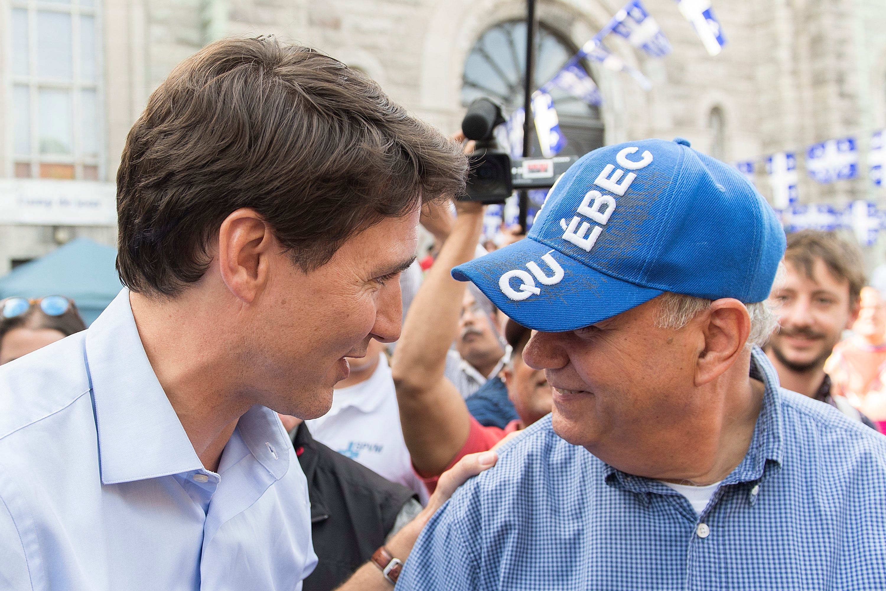 Trudeau greets supporters during Saint-Jean-Baptiste day celebrations in Montreal on June 24, 2019 (THE CANADIAN PRESS/Graham Hughes)