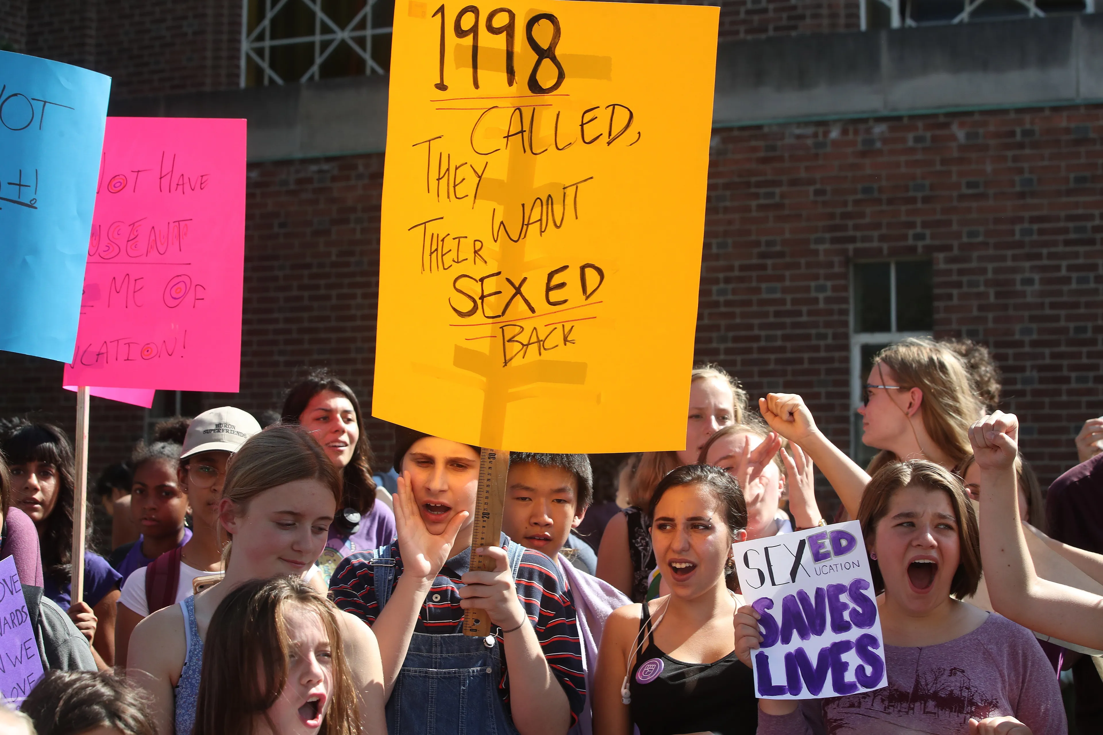 TORONTO, ON- SEPTEMBER 21 - Student across Ontario walkouted to protest the Premier Doug Ford and the province rolling back the Sex Ed curriculum. Students at Bloor Collegiate Institute rally on their lawn. in Toronto. September 21, 2018. (Steve Russell/Toronto Star via Getty Images)