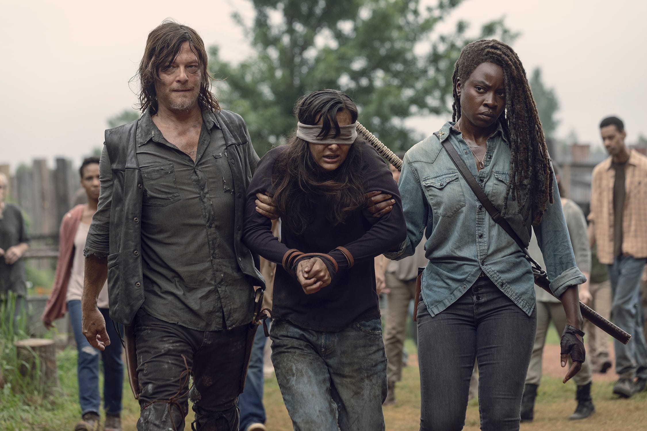 Danai Gurira as Michonne, Norman Reedus as Daryl Dixon, Cassady McClincy as Lydia in The Walking Dead Season 9 (Jackson Lee Davis/AMC)