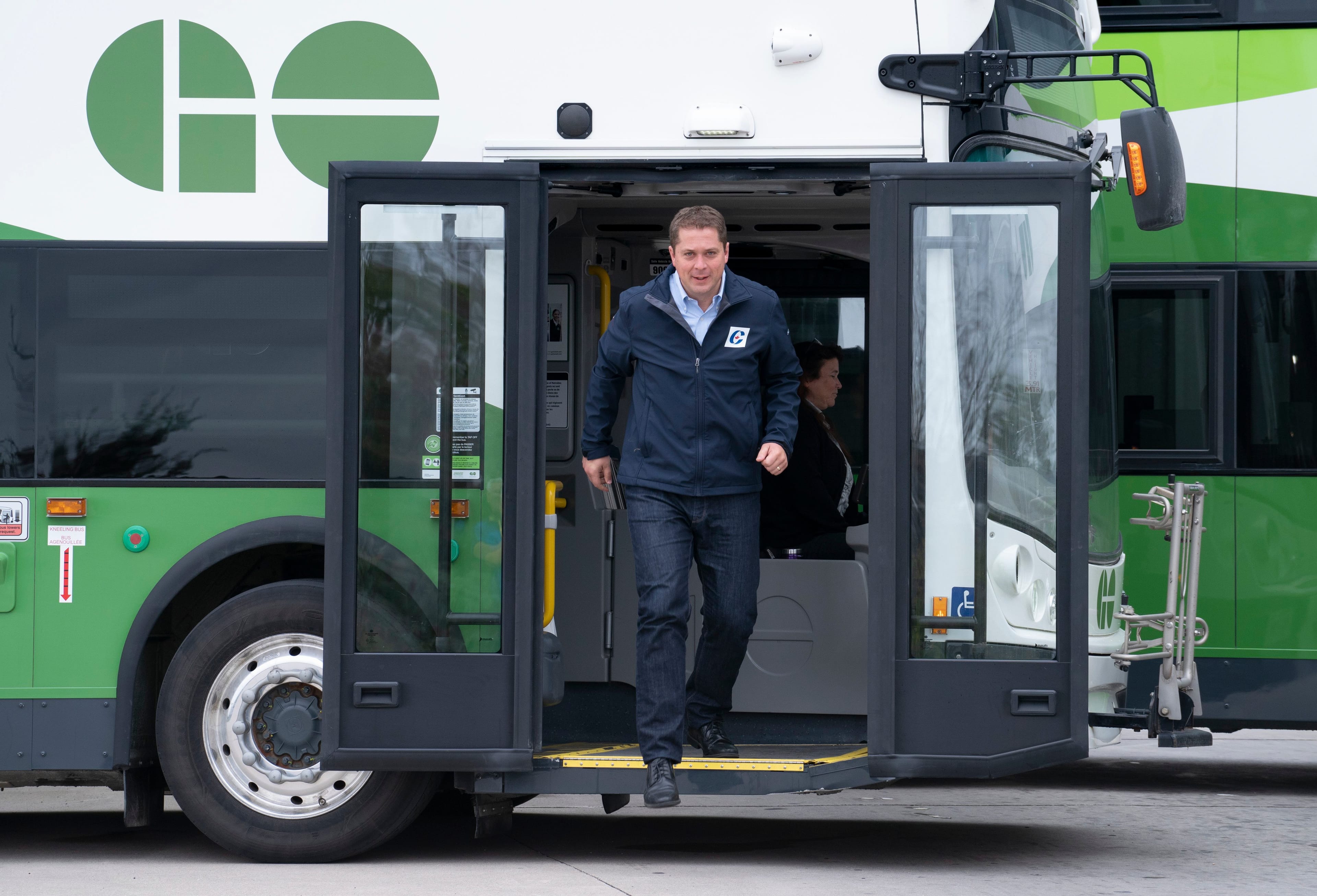 Conservative Leader Andrew Scheer steps off a transit bus in Mississauga, Ont., on Sept. 13, 2019 (THE CANADIAN PRESS/Paul Chiasson)