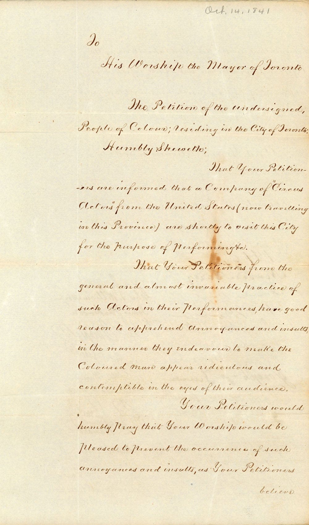 A ‘Petition of various people of colour in Toronto’ from 1841 (City of Toronto Archives)