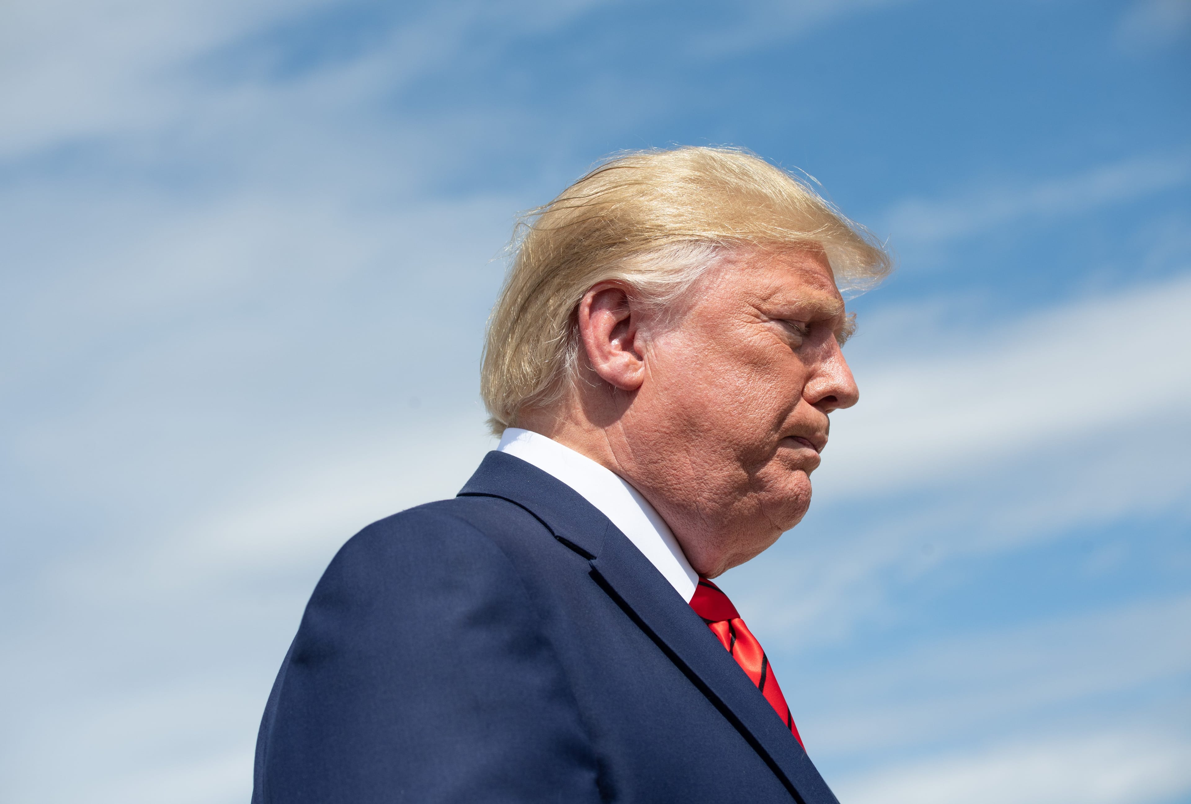 U.S. President Donald Trump speaks to the press after arriving on Air Force One at Joint Base Andrews in Maryland, September 26, 2019, after returning from New York. (Photo by SAUL LOEB / AFP/Getty Images)