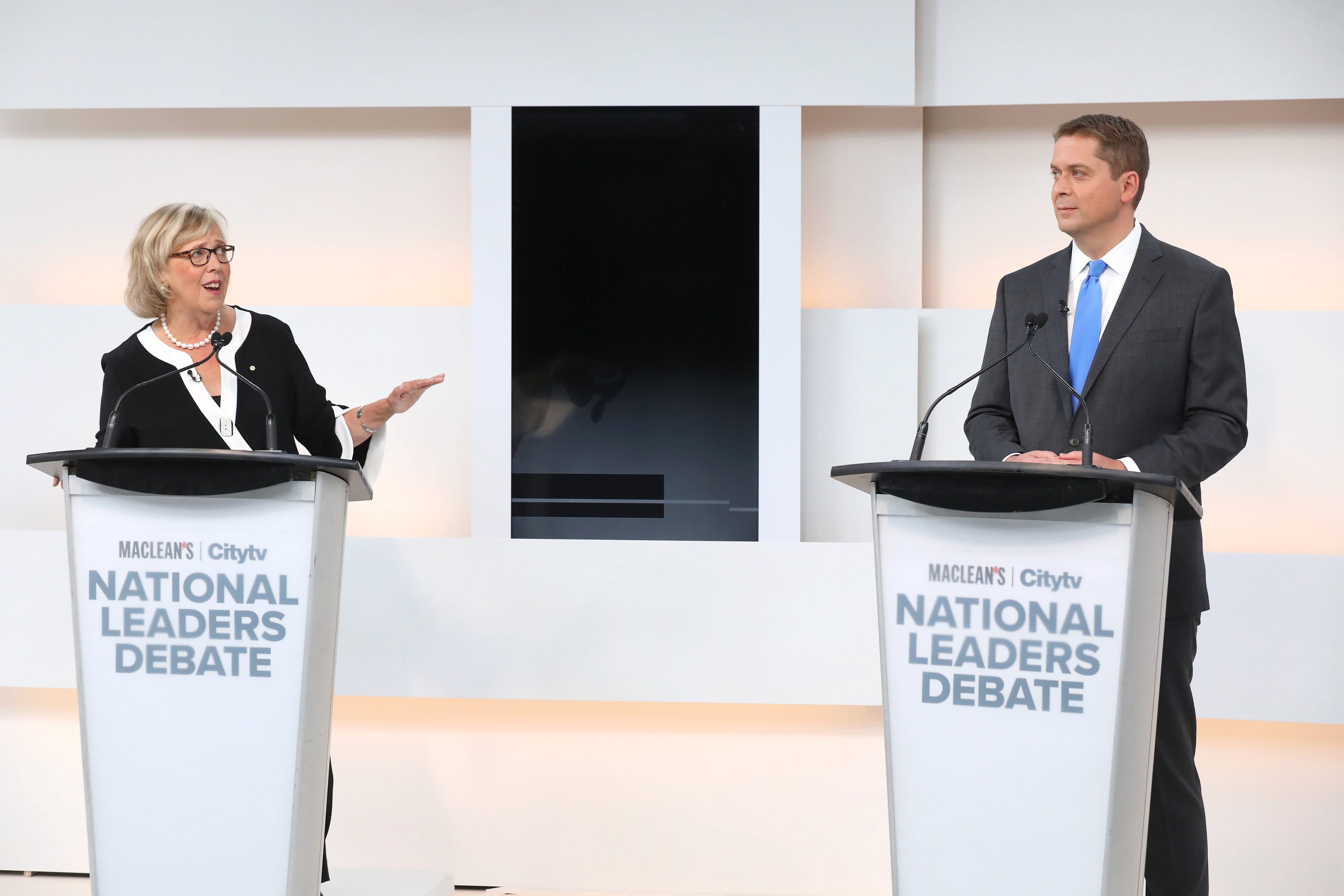 Maclean’s and Citytv Federal Leaders Debate in Toronto, featuring Elizabeth May, Jagmeet Singh, and Andrew Scheer. (Photograph by Cole Burston)
