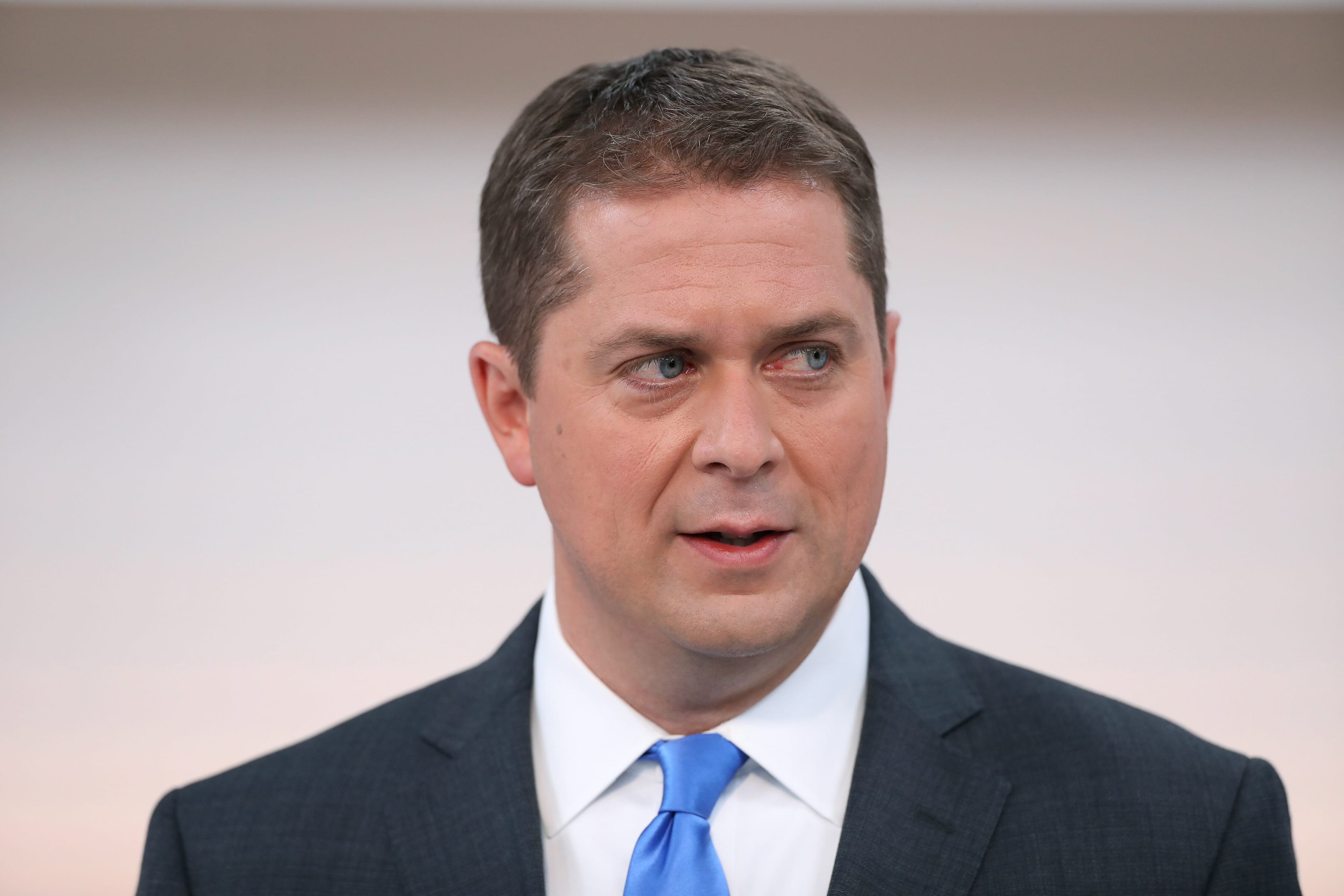 Scheer's trademark dimpled smile was nowhere in sight during Thursday's Maclean's/Citytv leaders debate. (Photograph by Cole Burston)