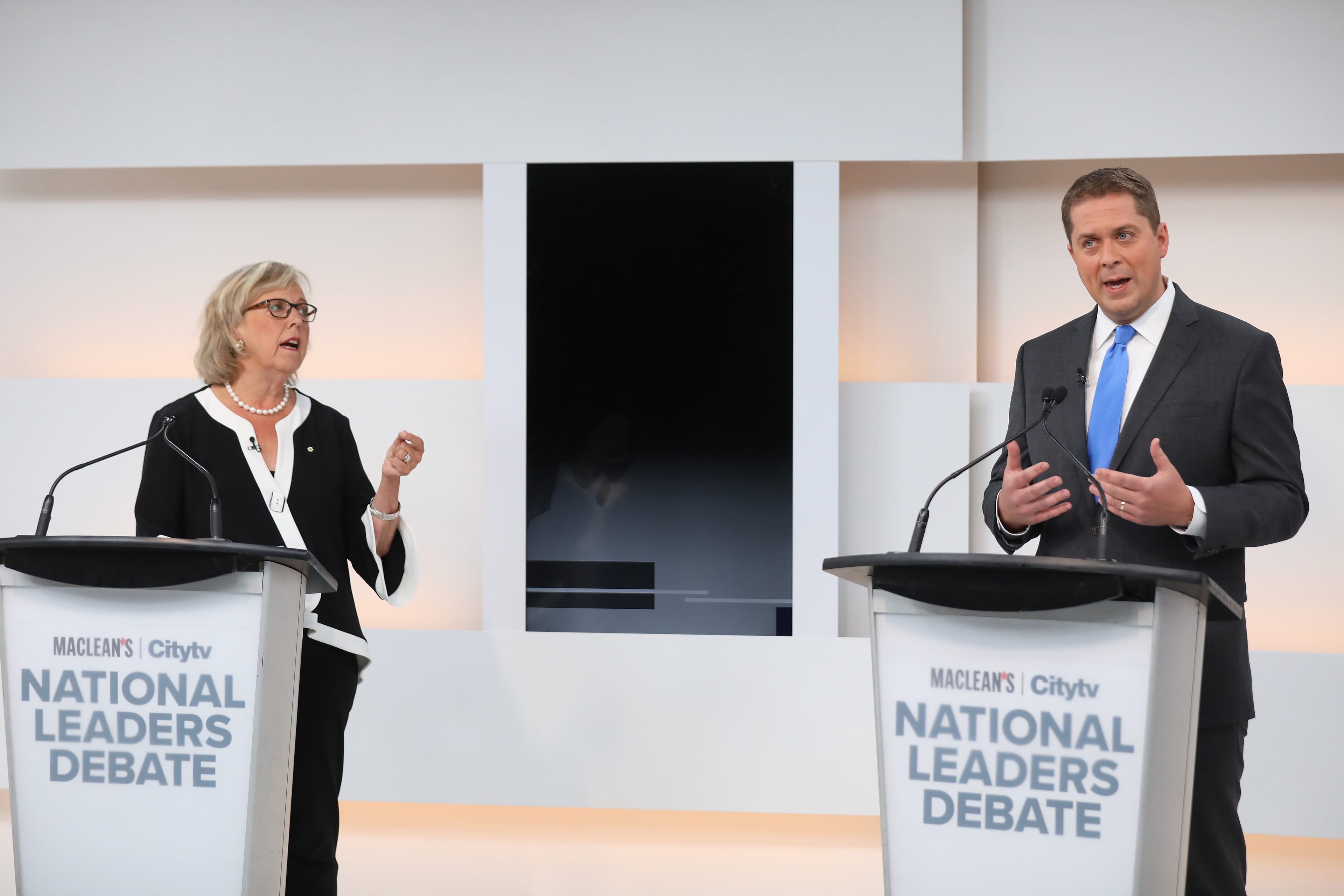 Paul Wells moderates the Maclean’s and Citytv Federal Leaders Debate in Toronto, featuring Elizabeth May, Jagmeet Singh, and Andrew Scheer. (Photograph by Cole Burston)