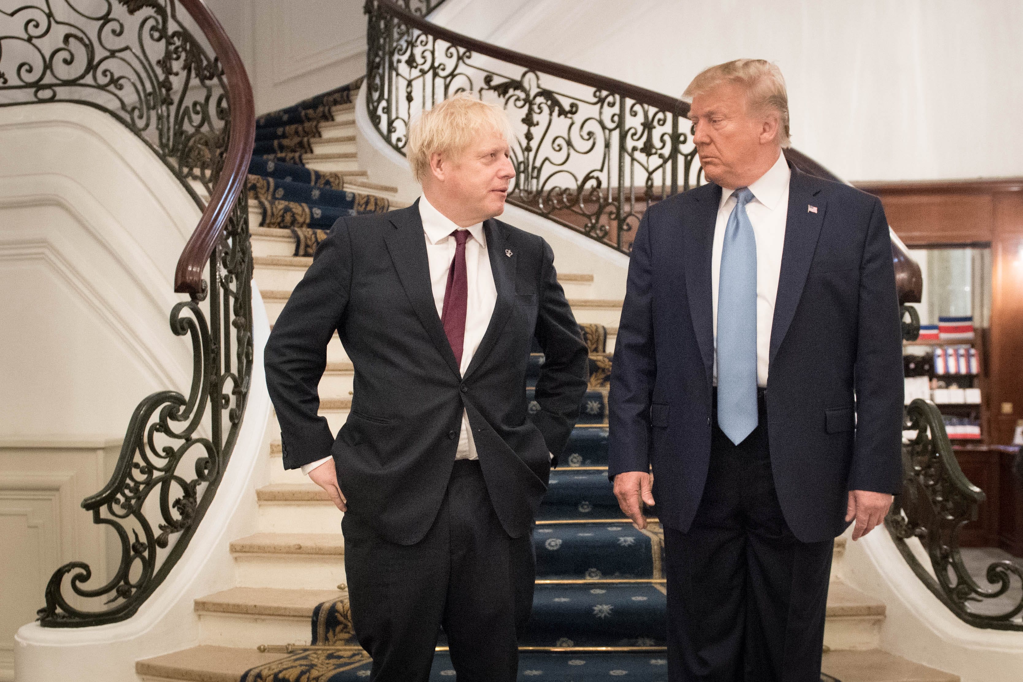 Trump and Johnson arrive for a bilateral meeting during the G7 summit on Aug. 25, 2019, in Biarritz, France (Stefan Rousseau/Getty Images)