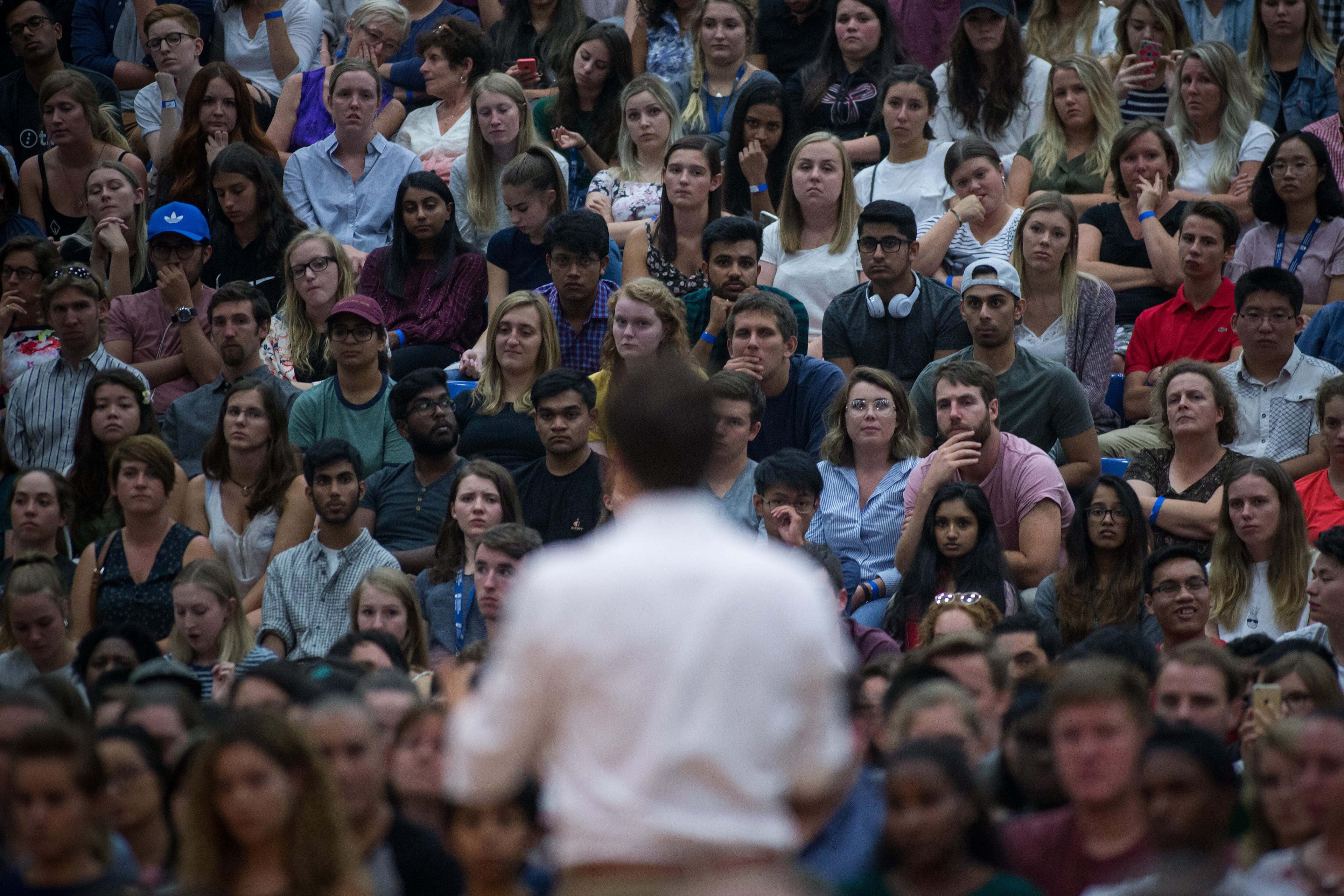 Audience members listen to Justin Trudeau, Canada's Prime Minister, during a town hall meeting at the University of British Columbia Okanagan campus during the Federal Liberal Party caucus retreat in Kelowna, British Columbia, on Sept. 6, 2017. (Ben Nelms/Bloomberg/Getty)