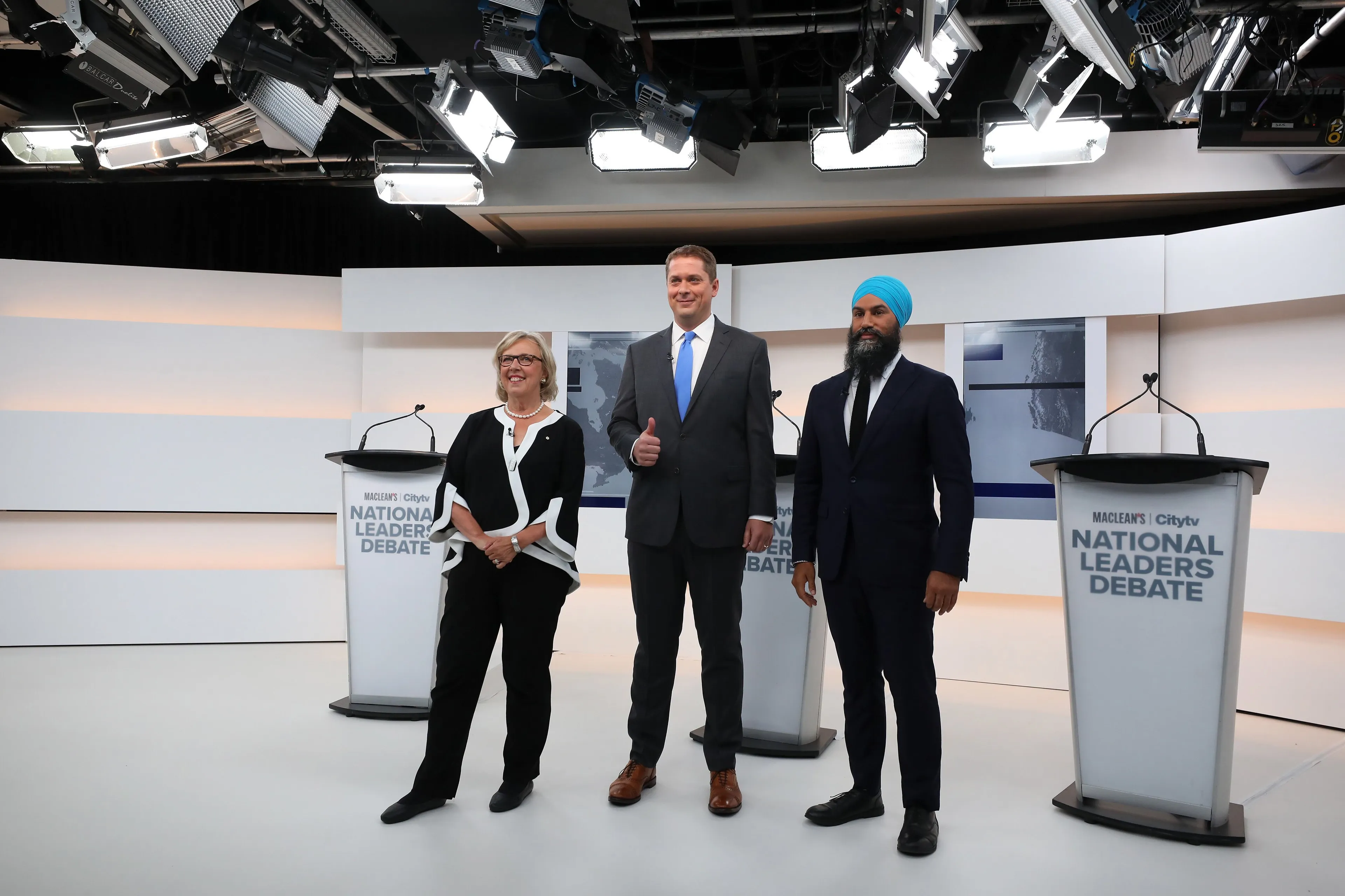 Green Party leader Elizabeth May, Conservative leader Andrew Scheer and NDP leader Jagmeet Singh ahead of #FirstDebate (Photograph by Cole Burston)