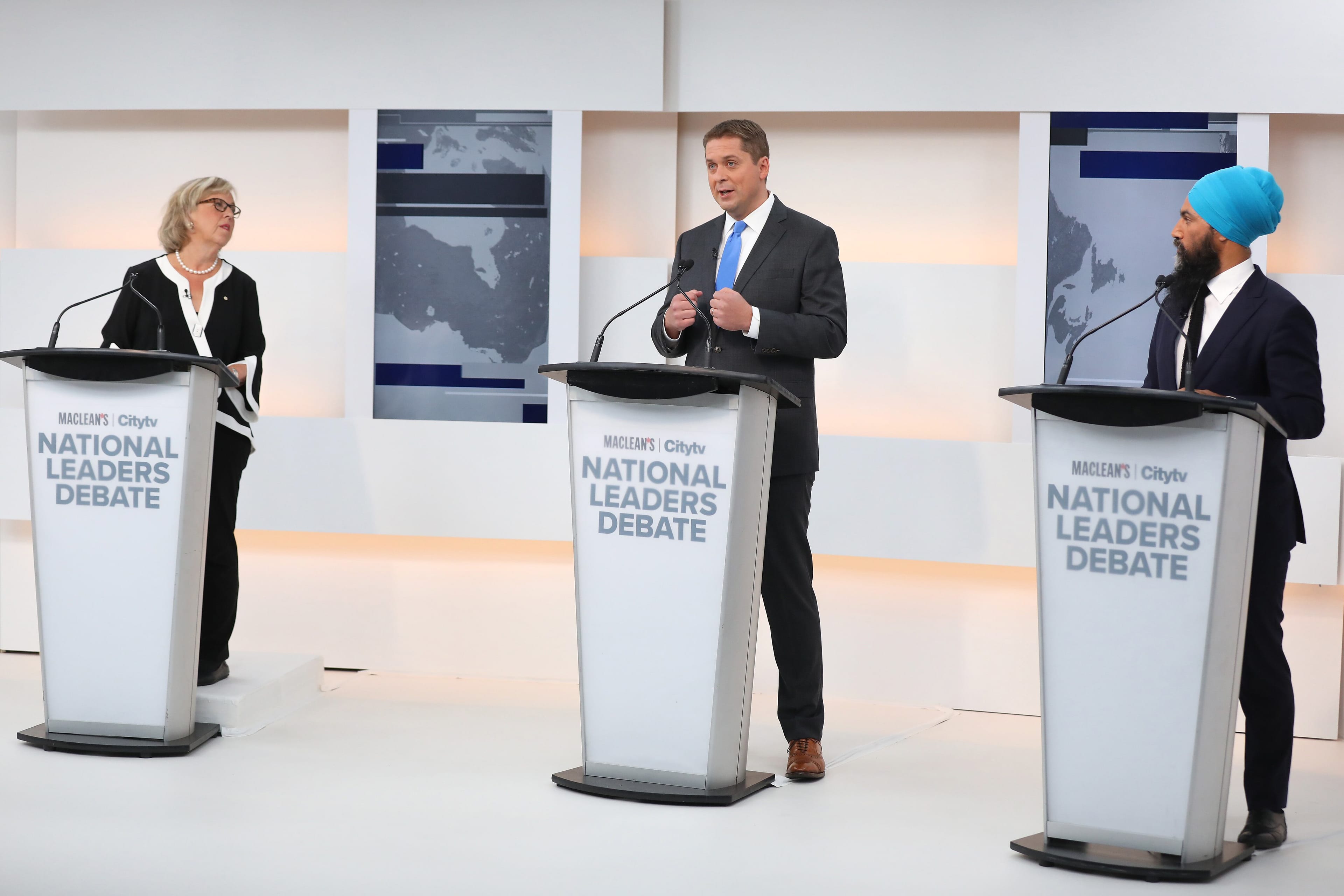 Maclean’s and Citytv Federal Leaders Debate in Toronto, featuring Elizabeth May, Jagmeet Singh, and Andrew Scheer. (Photograph by Cole Burston)