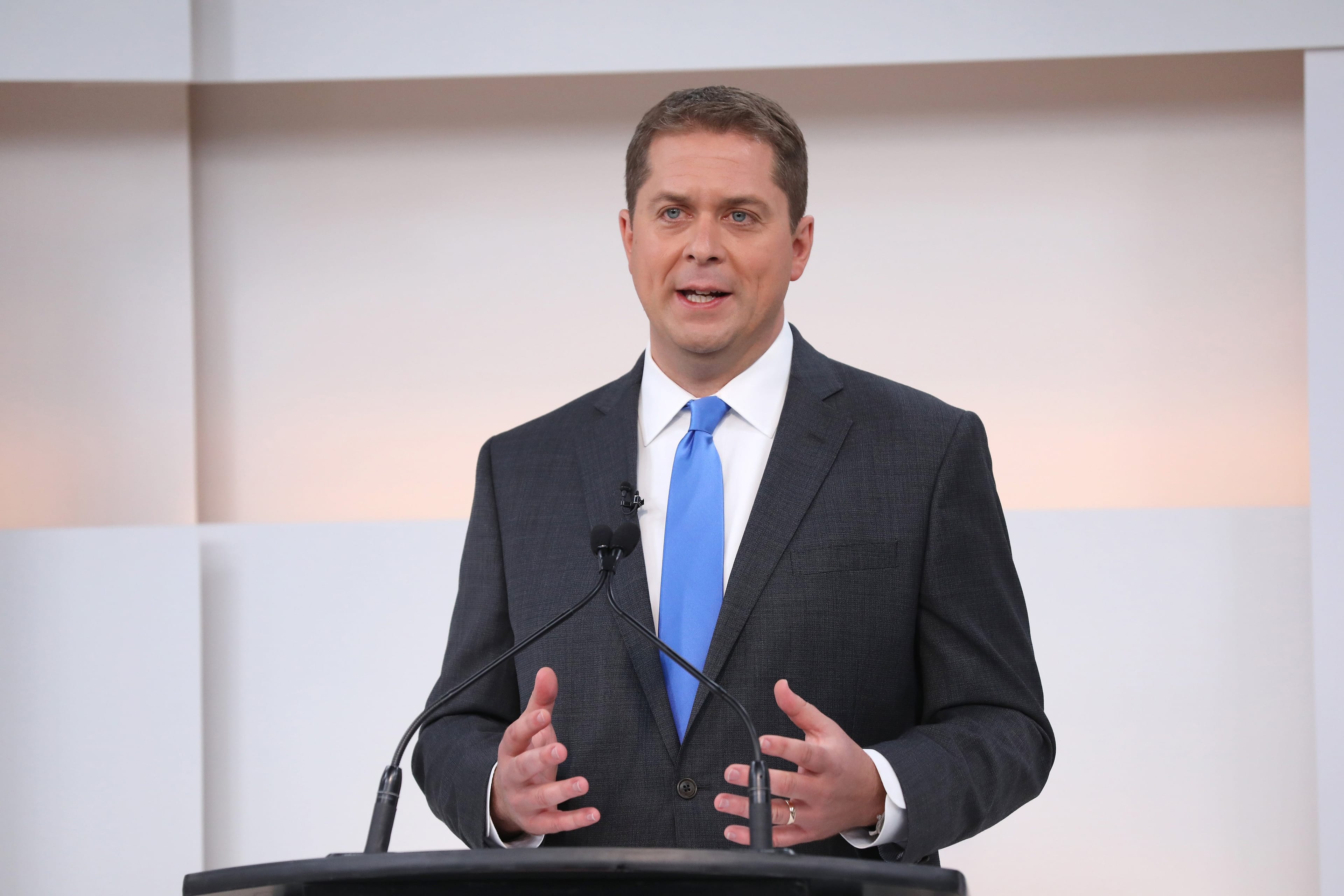 Paul Wells moderates the Maclean’s and Citytv Federal Leaders Debate in Toronto, featuring Elizabeth May, Jagmeet Singh, and Andrew Scheer. (Photograph by Cole Burston)