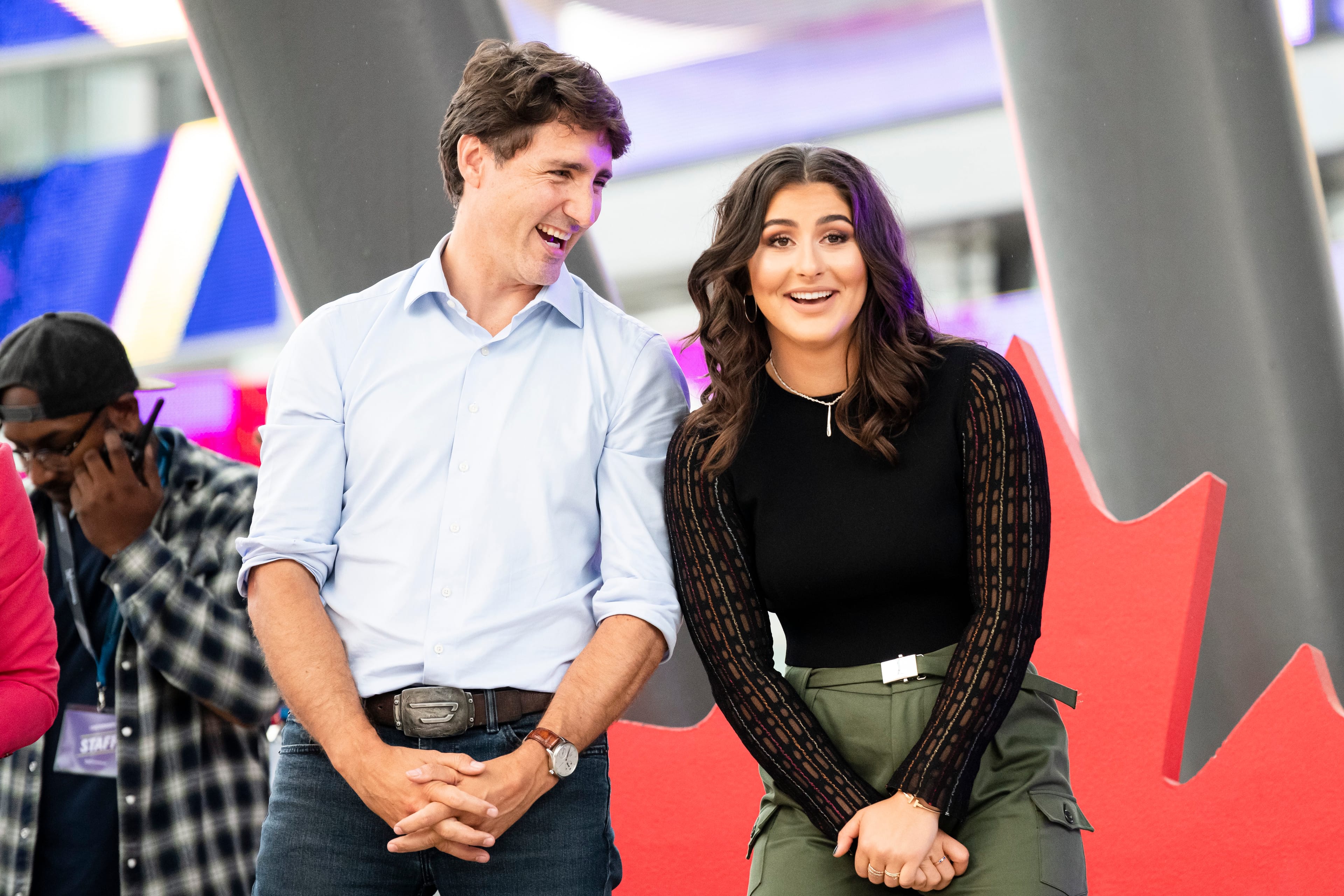 Liberal Leader Justin Trudeau is seen on stage with Bianca Andreescu as she takes part in the SheTheNorth rally after winning the US Open, in Mississauga, Ont., on Sunday, Sept. 15, 2019. (Christopher Katsarov/CP)