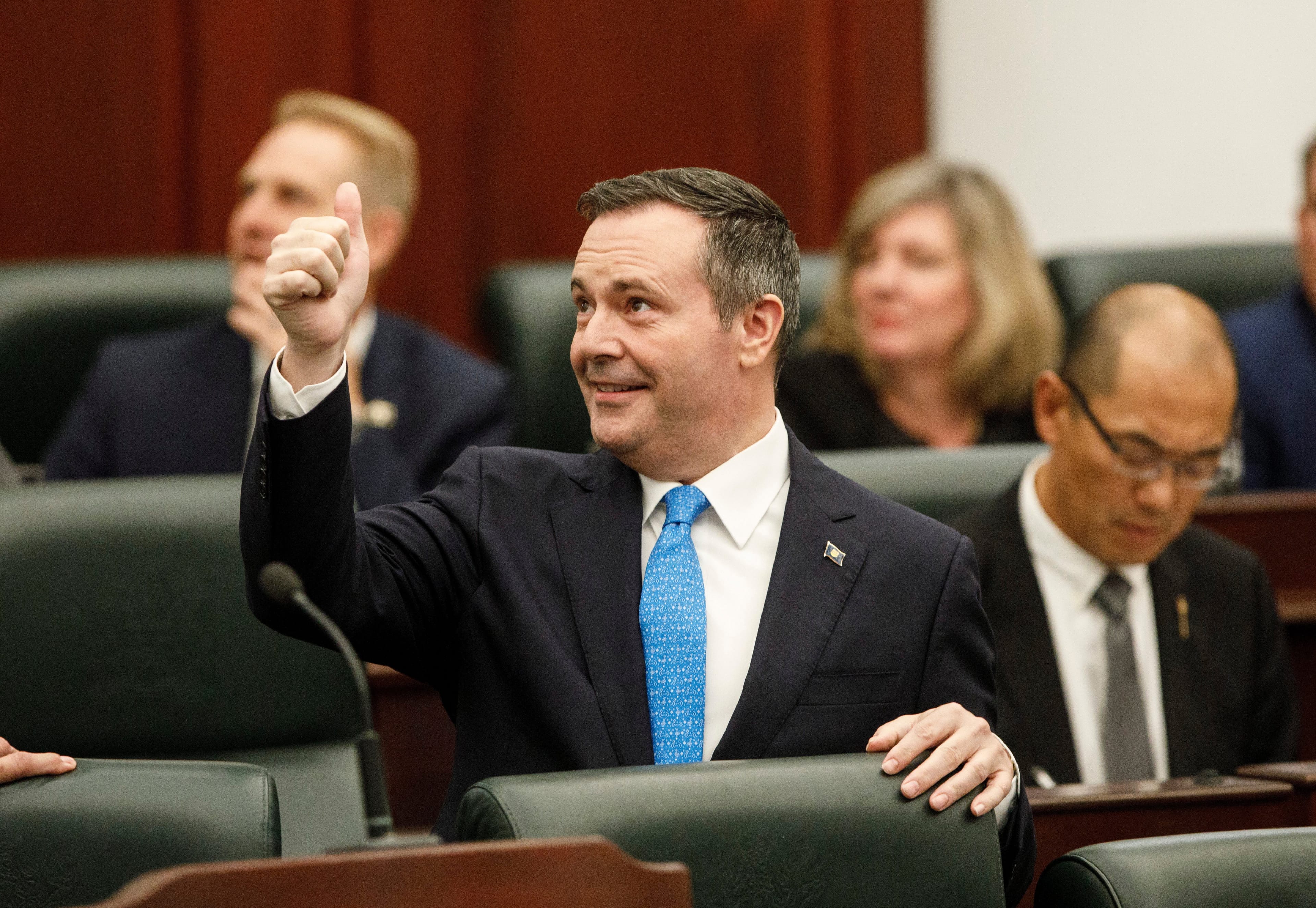 Kenney gives the thumbs up on Thursday before the delivery of the provincial budget in Edmonton (Jason Franson/CP)