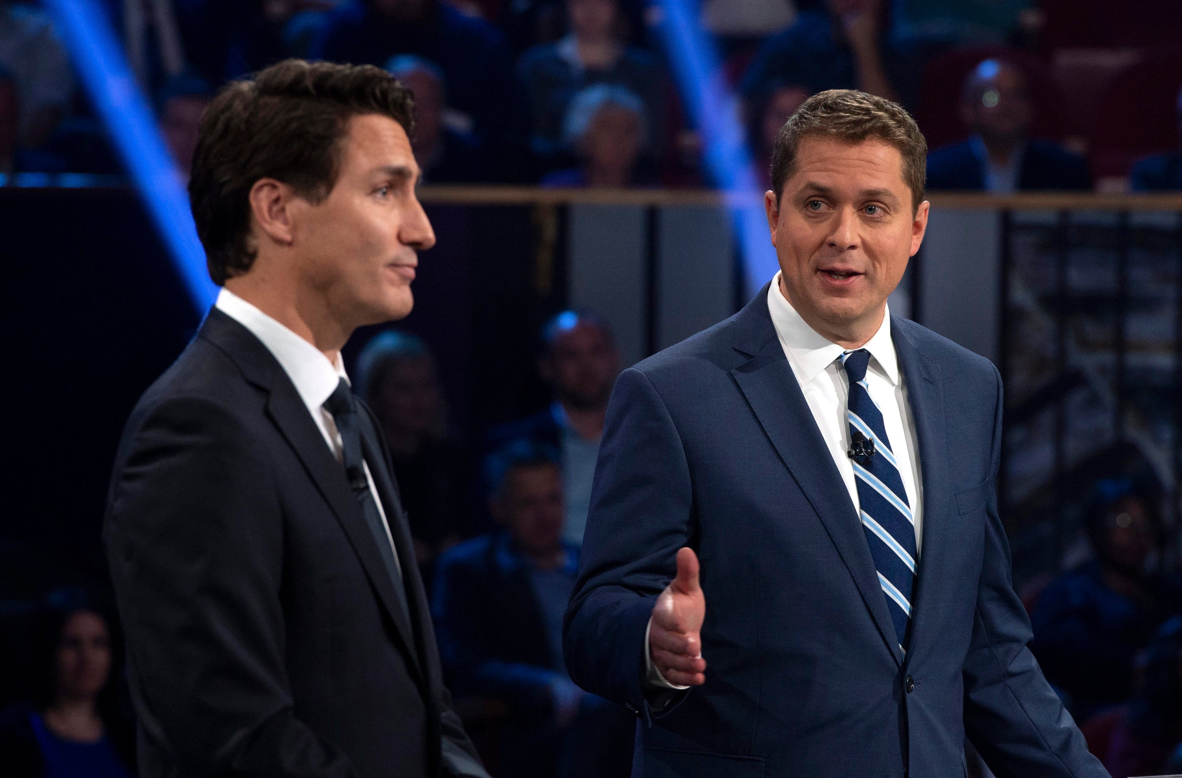 Scheer makes a point with Trudeau at the Federal Leaders Debate on Oct. 7, 2019 (Sean Kilpatrick/CP)
