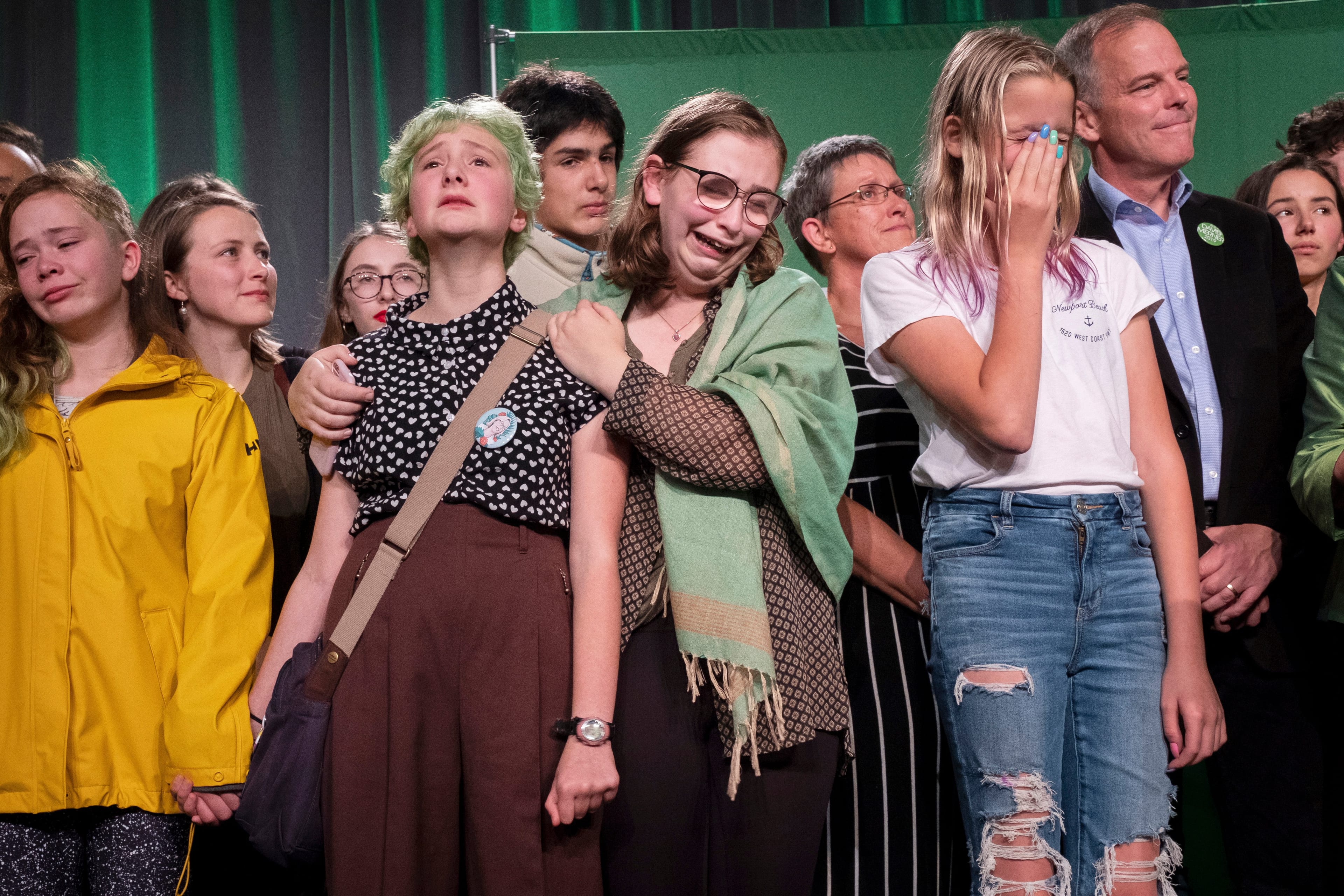 October 21, 2019. Victoria and surrounding greater area, BC, Canada
May's supporters on stage. Youth Greens cry
Election day in Victoria and the GVA. Story is on the greens primarily.