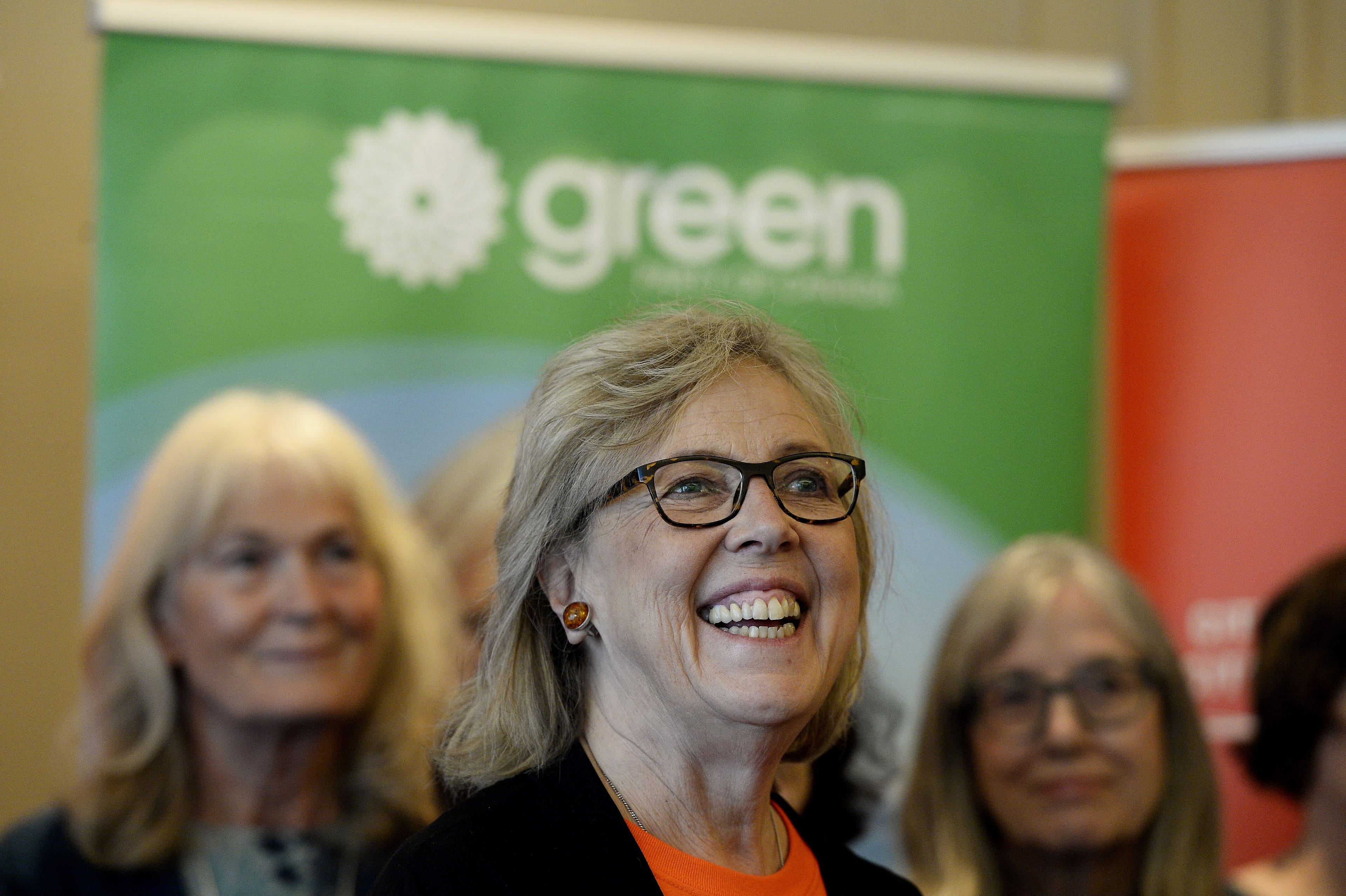 Green leader Elizabeth May smiles during a Canadian Club of Vancouver event at the Terminal City Club in Vancouver, B.C., on Sept. 30. (Jennifer Gauthier/Bloomberg/Getty Images)