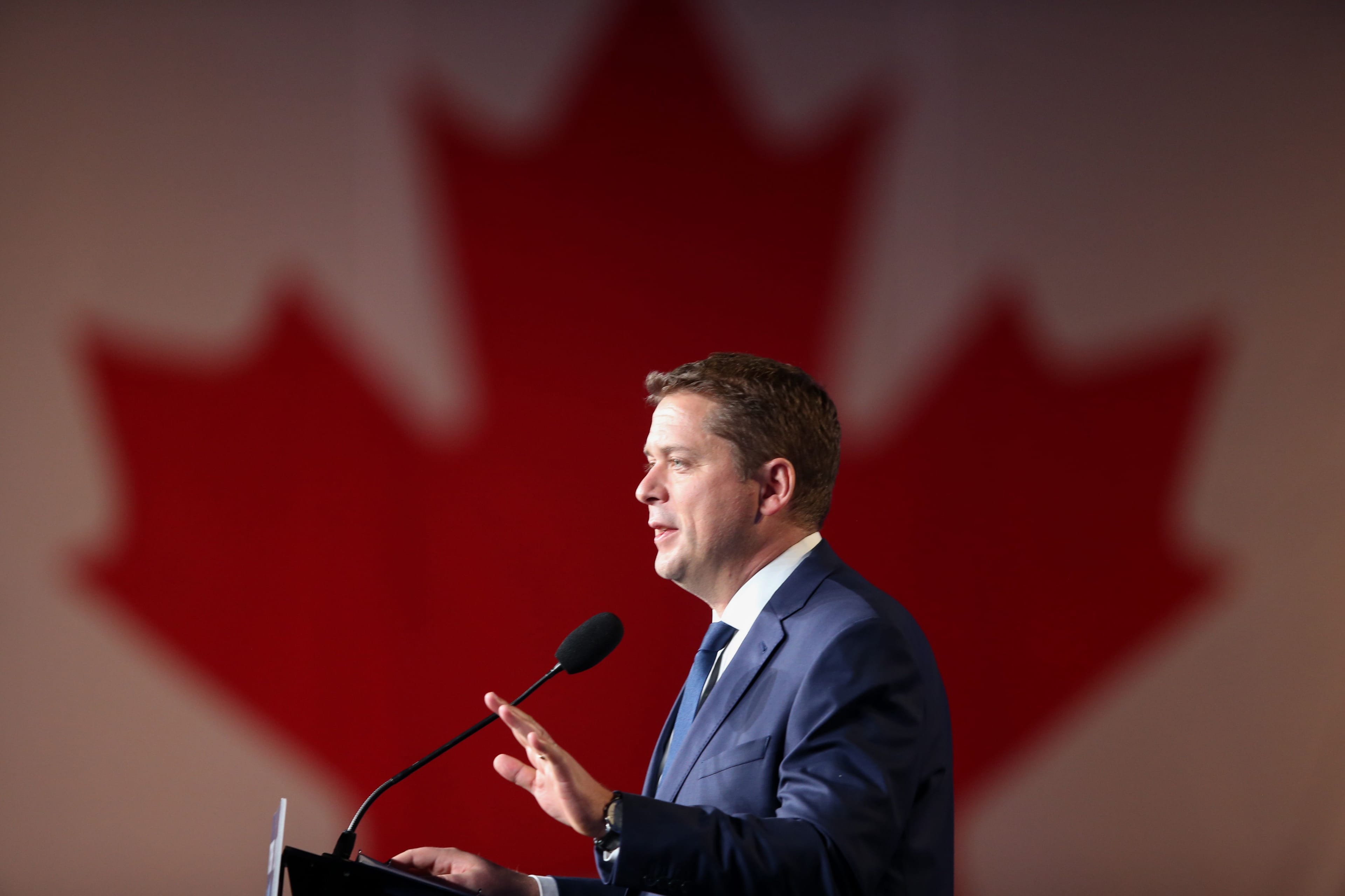 Scheer speaks at an election night rally in Regina on Oct. 22, 2019 (GEOFF ROBINS/AFP via Getty Images)