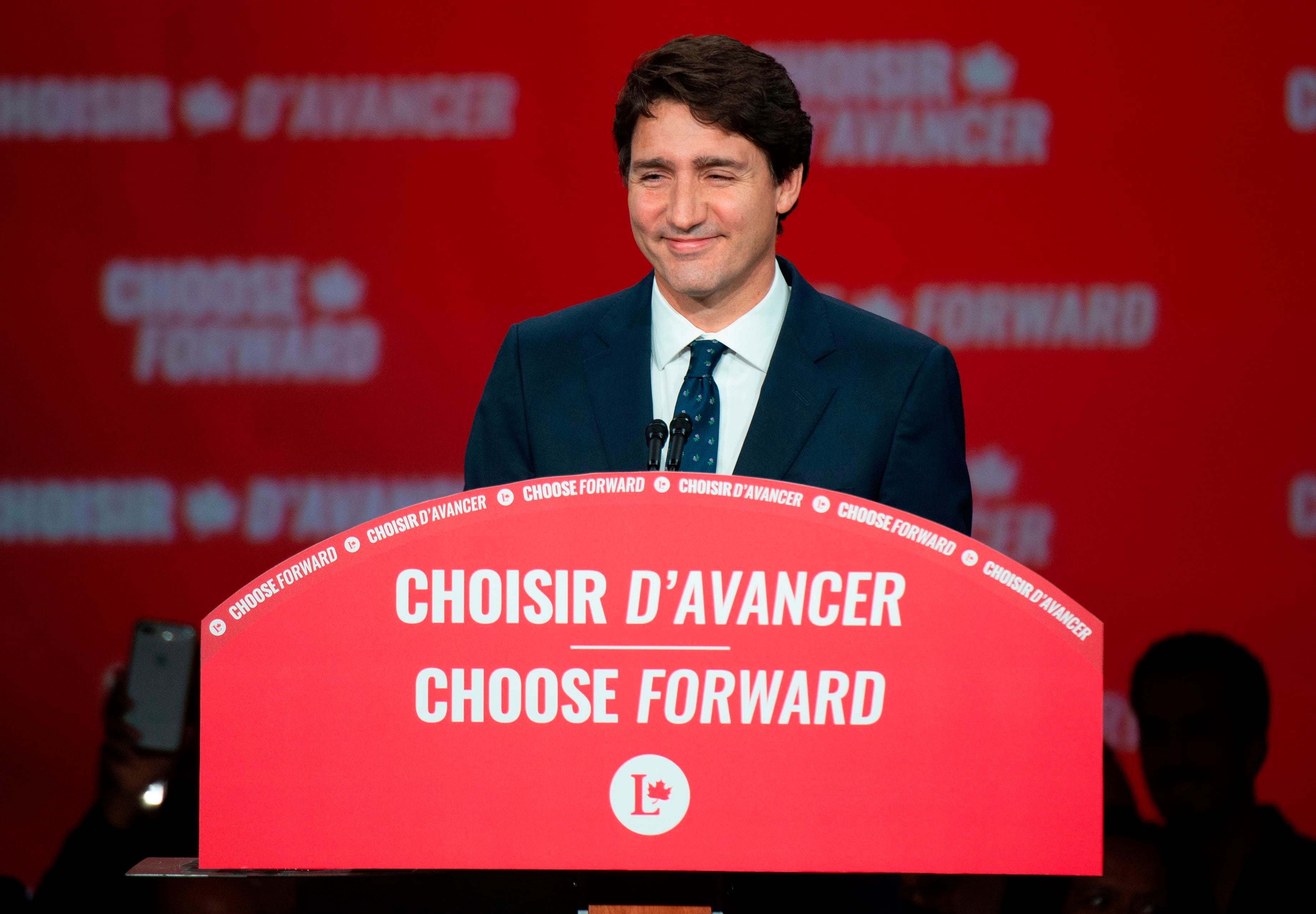 Trudeau delivers his victory speech in Montreal on election night, Oct. 21, 2019 (Sebastien ST-JEAN / AFP) (Photo by SEBASTIEN ST-JEAN/AFP via Getty Images)