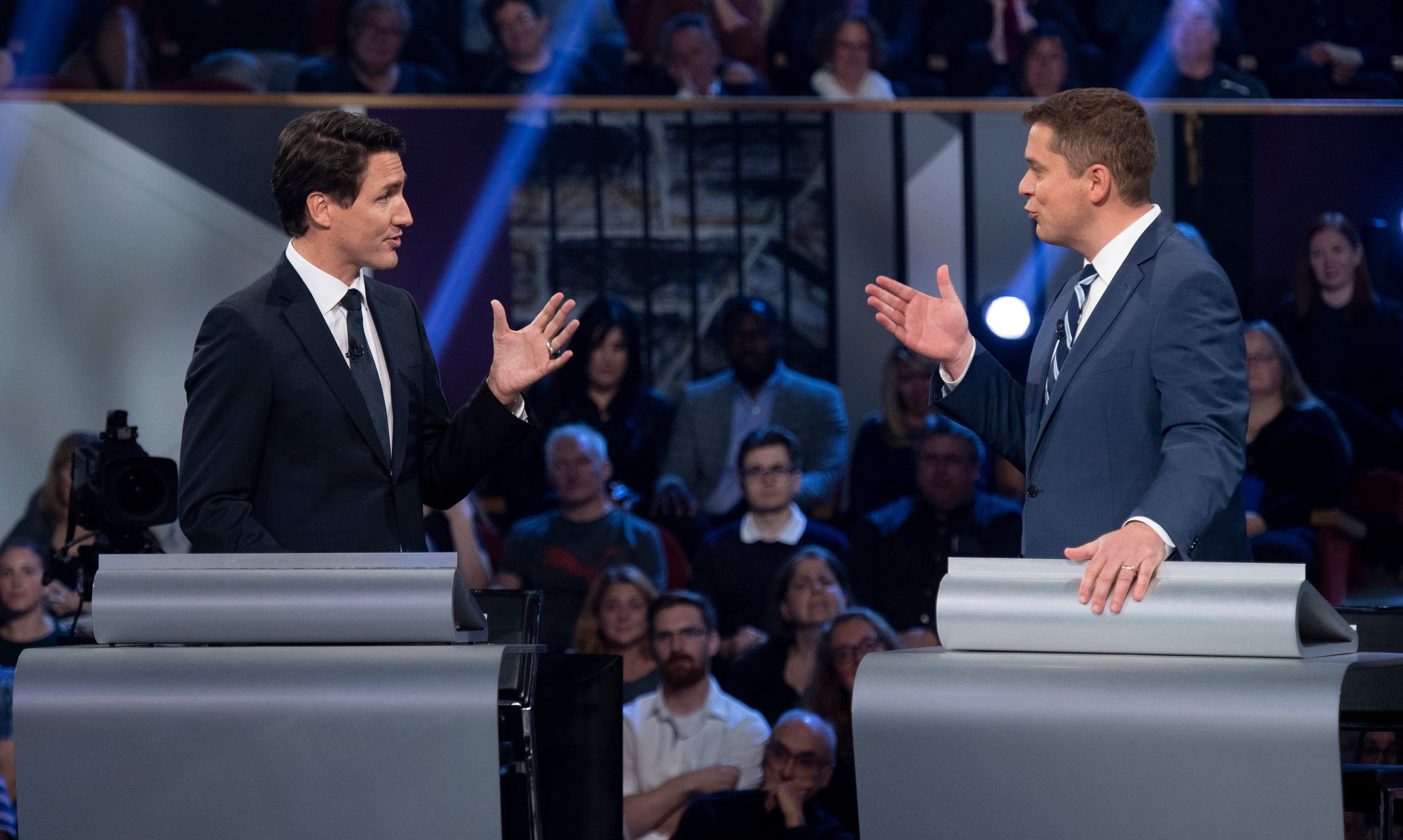 Trudeau and Scheer at the Federal Leaders Debate on Oct. 7, 2019 (Justin Tang/CP)