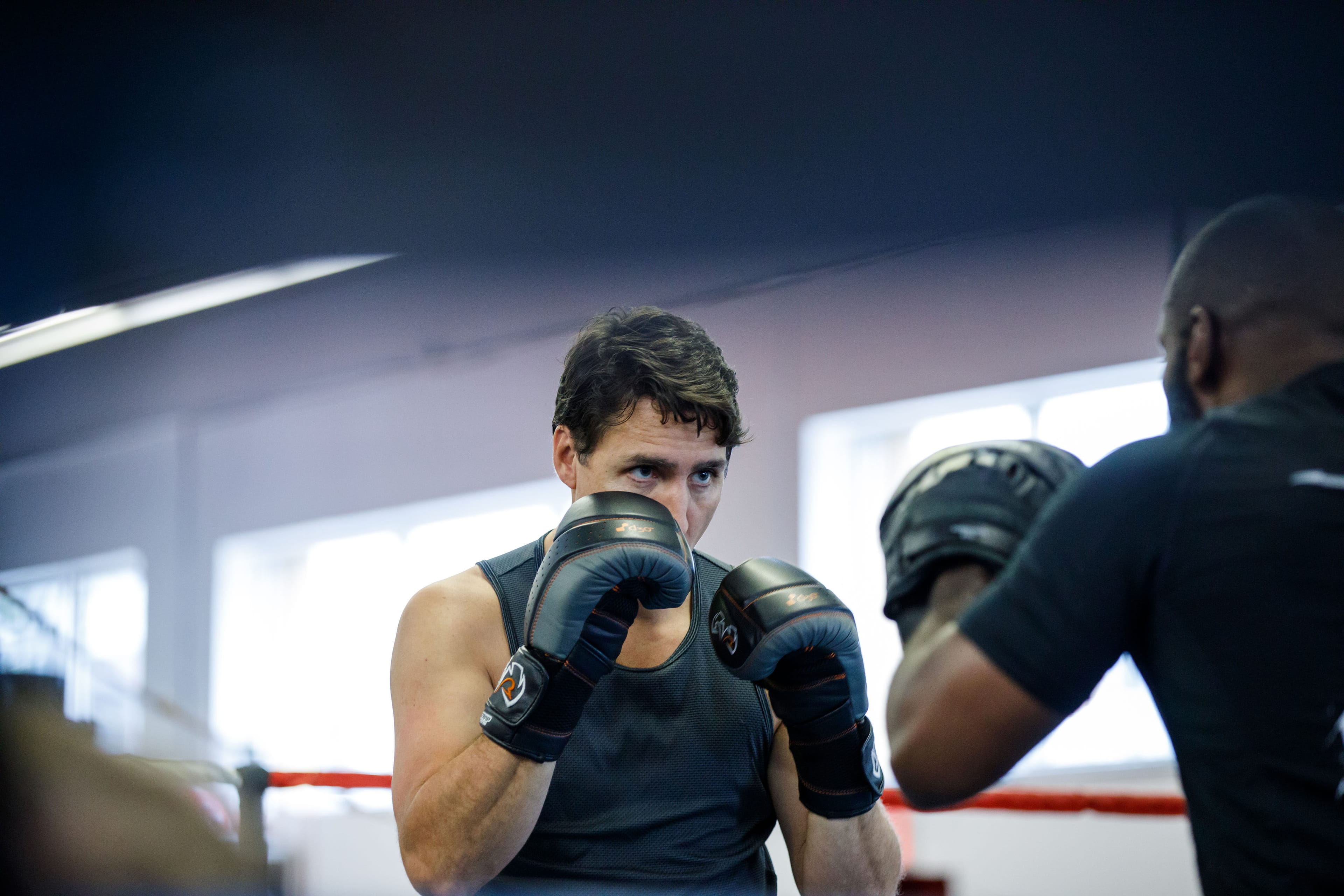 PM Trudeau and Marc Miller train at Ali Nestor's gym in Montreal. October 2, 2019. (Adam Scotti/LPC)