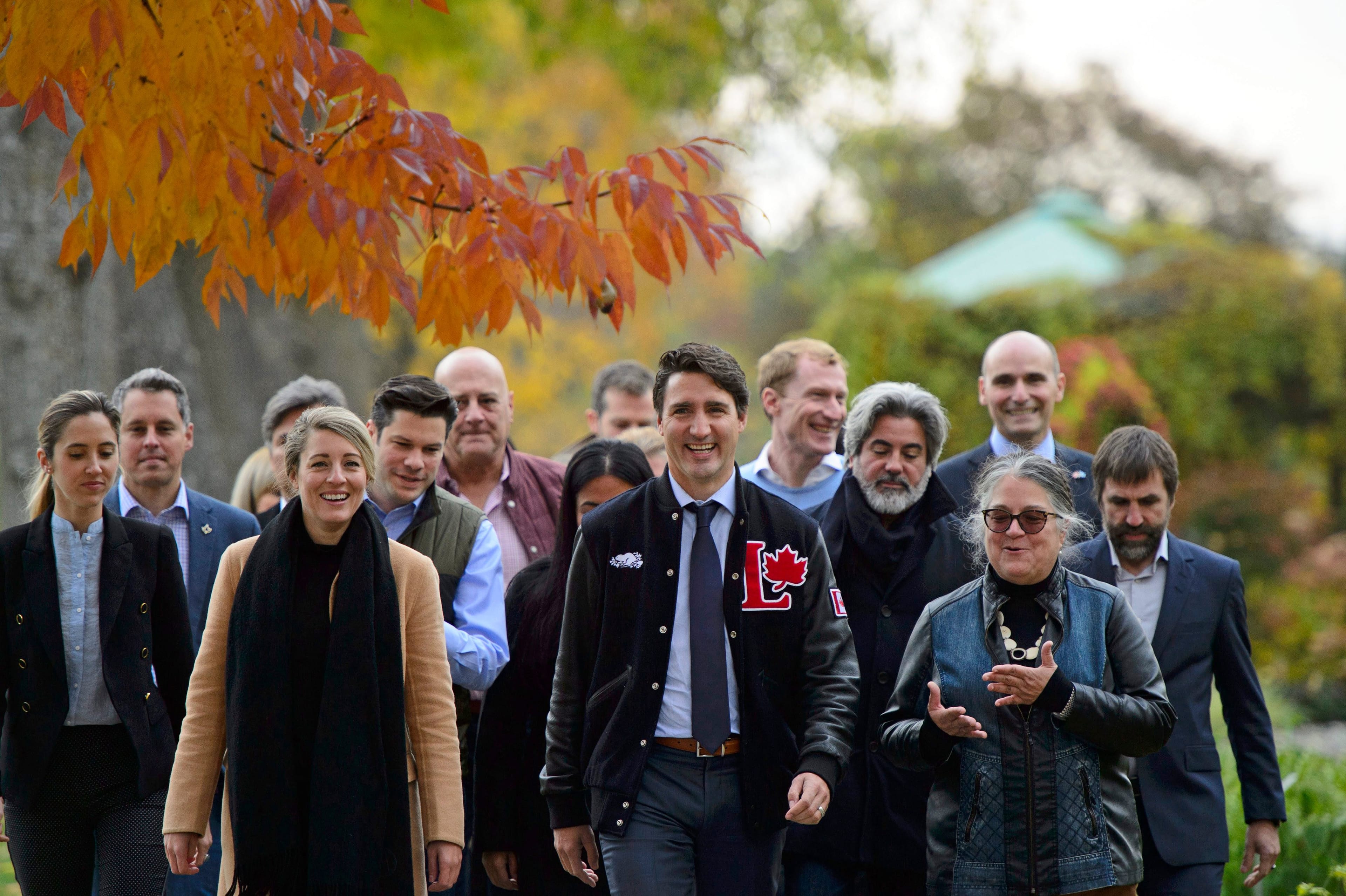 Liberal leader Justin Trudeau walks with Liberal candidates during a campaign stop at the Botanical Garden in Montreal on Wednesday Oct. 16, 2019. (Sean Kilpatrick/CP)
