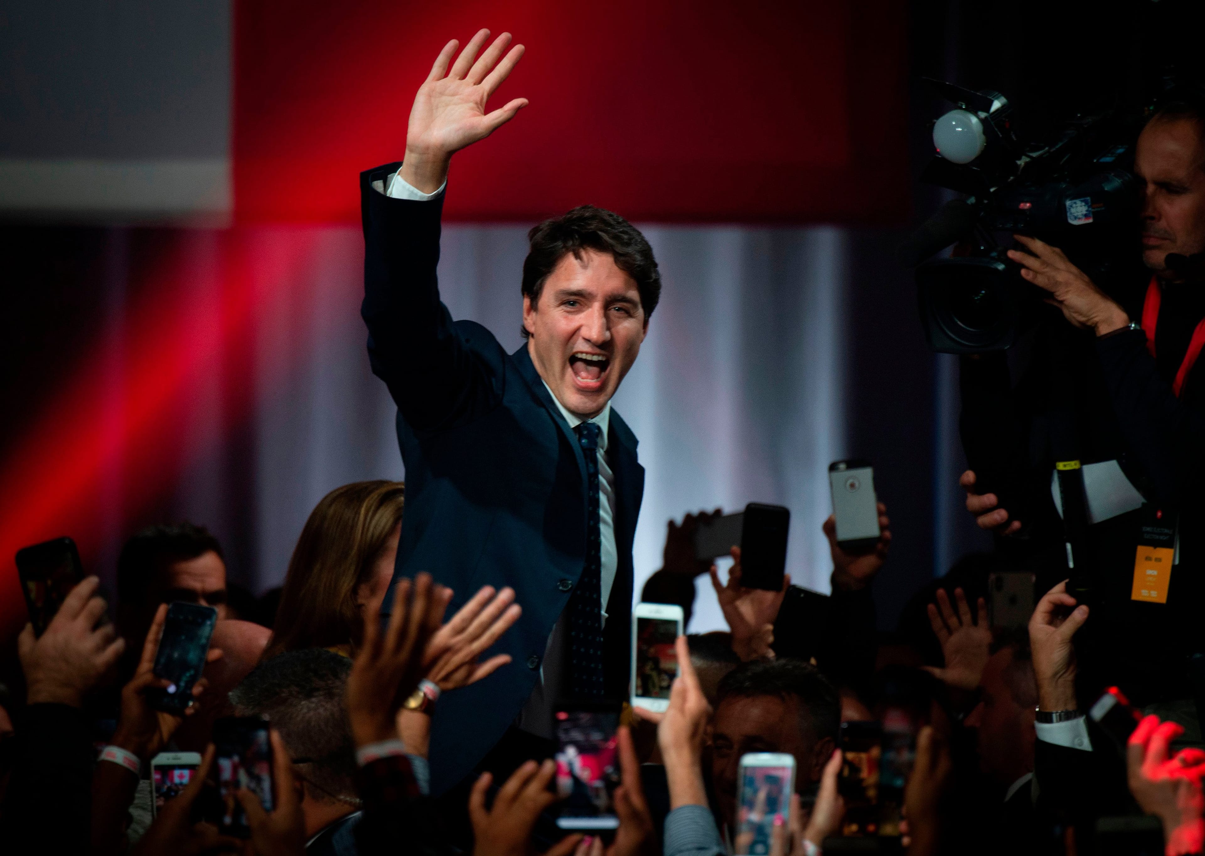 Trudeau celebrates his victory with his supporters at the Palais des Congres in Montreal on Oct. 21, 2019 (Sebastien Sy-Jean/AFP/Getty Images)