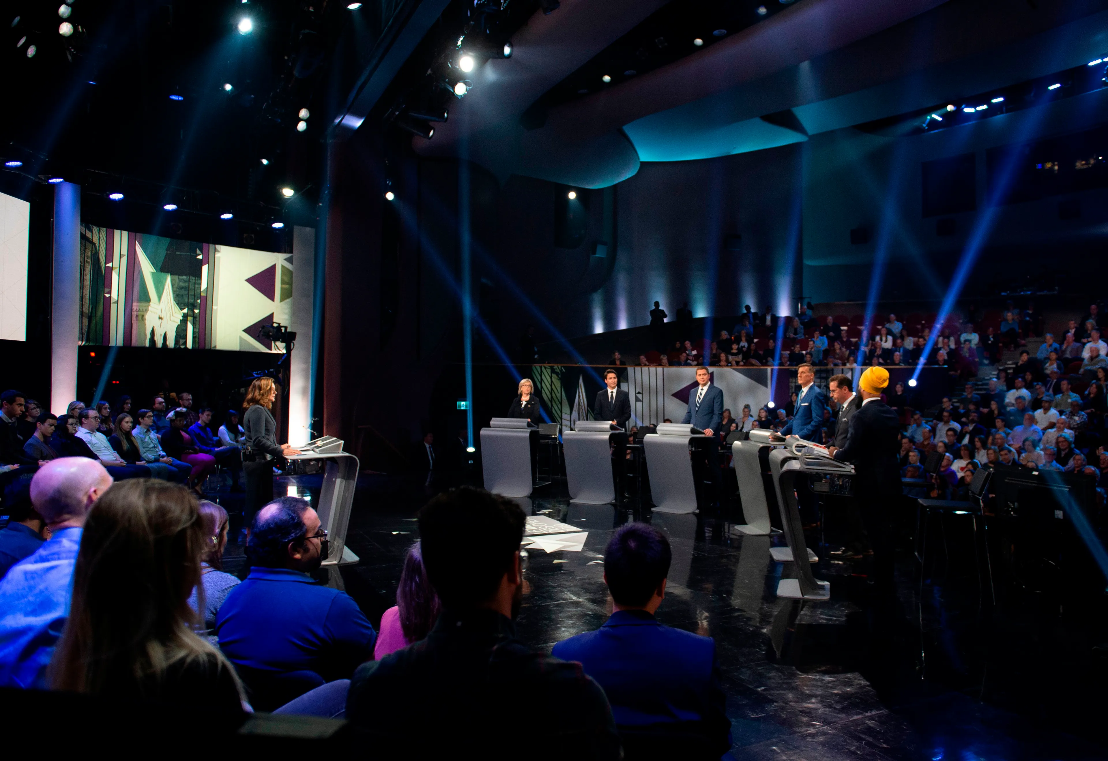 May, Trudeau, Scheer, Bernier, Blanchet and Singh at the Federal Leaders Debate on Oct. 7, 2019 (Justin Tang /AFP/Getty Images)