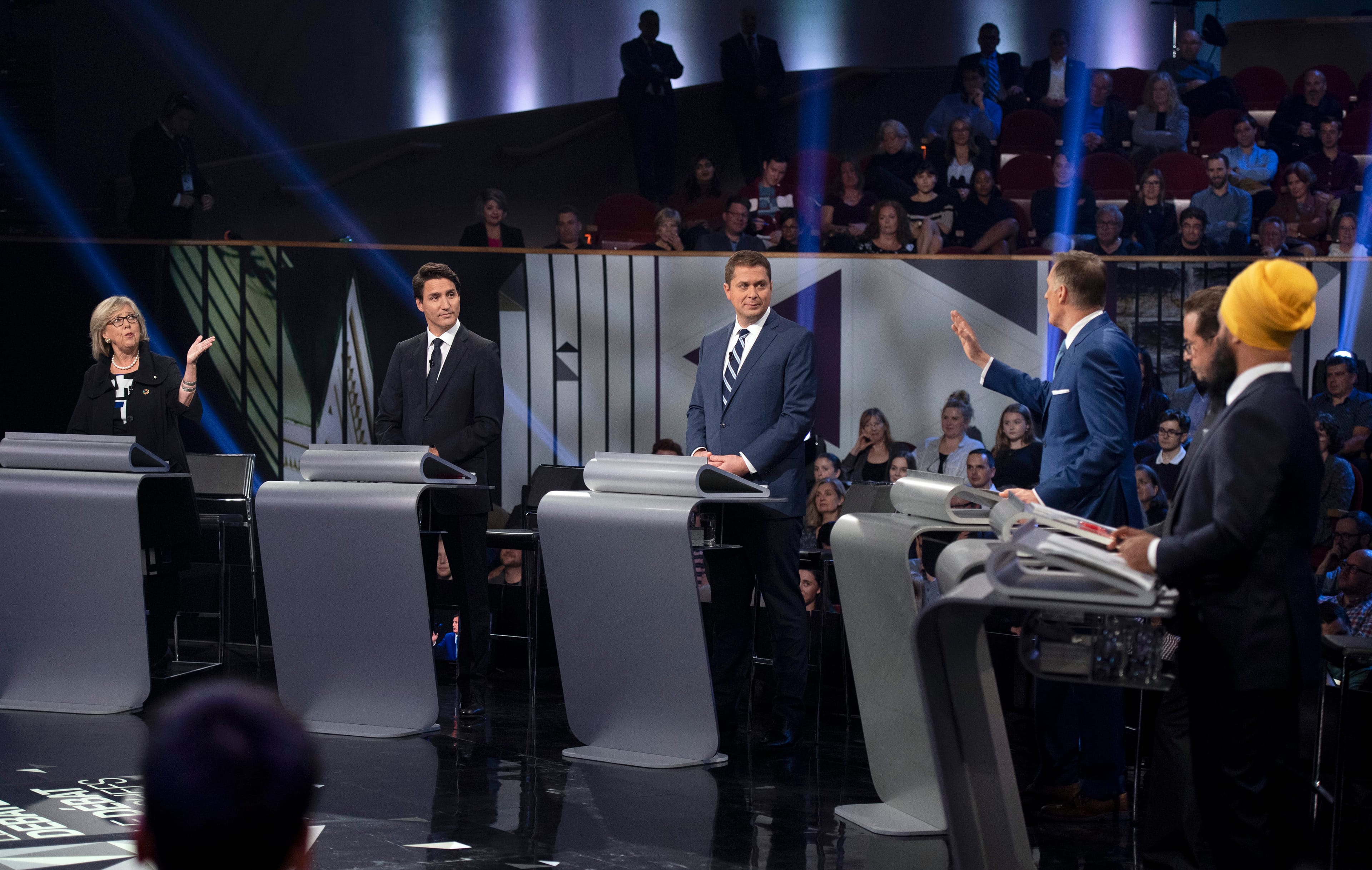 May, Trudeau, Scheer, Bernier, Blanchet and Singh at the Federal Leaders Debate on Oct. 7, 2019 (Justin Tang/CP)