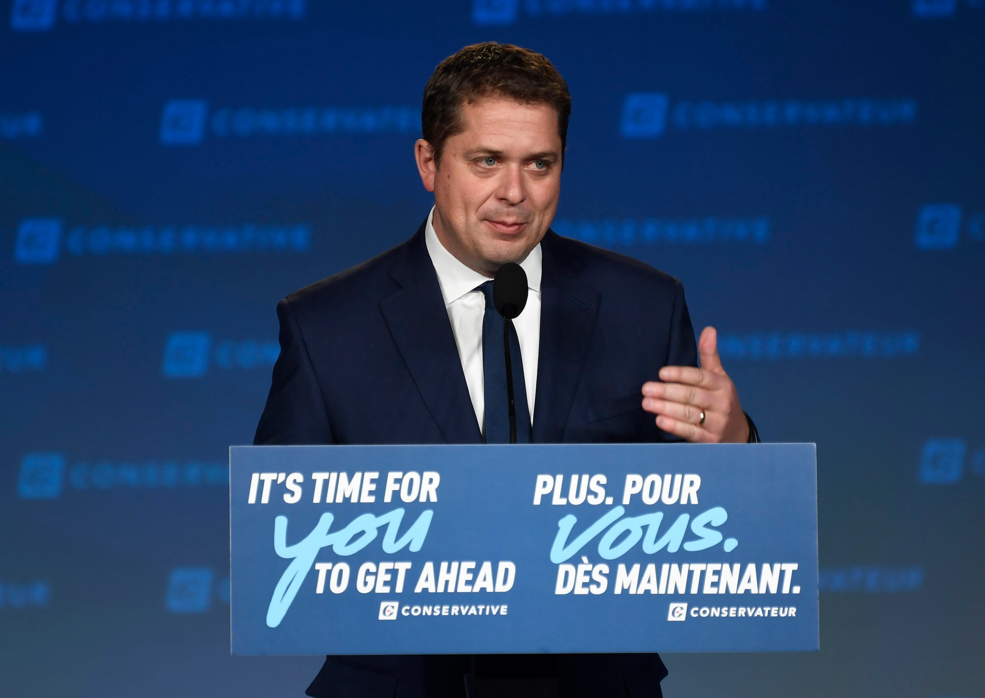 Scheer speaks at Conservative election-night headquarters in Regina on Monday (Adrian Wyld/CP)
