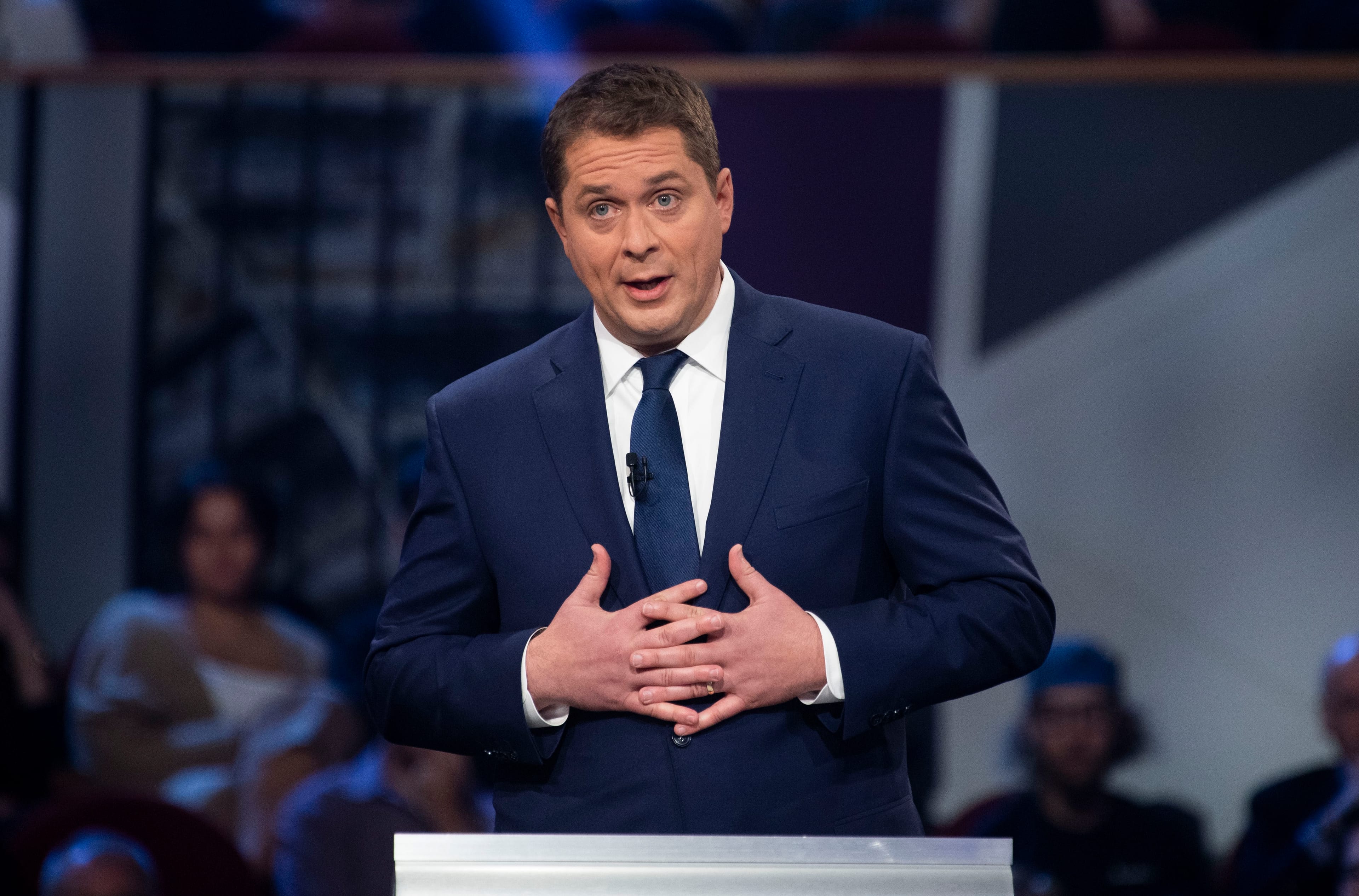 Conservative leader Andrew Scheer takes part in the the Federal leaders French language debate in Gatineau, Que. on Thursday, October 10, 2019. (Adrian Wyld/CP)