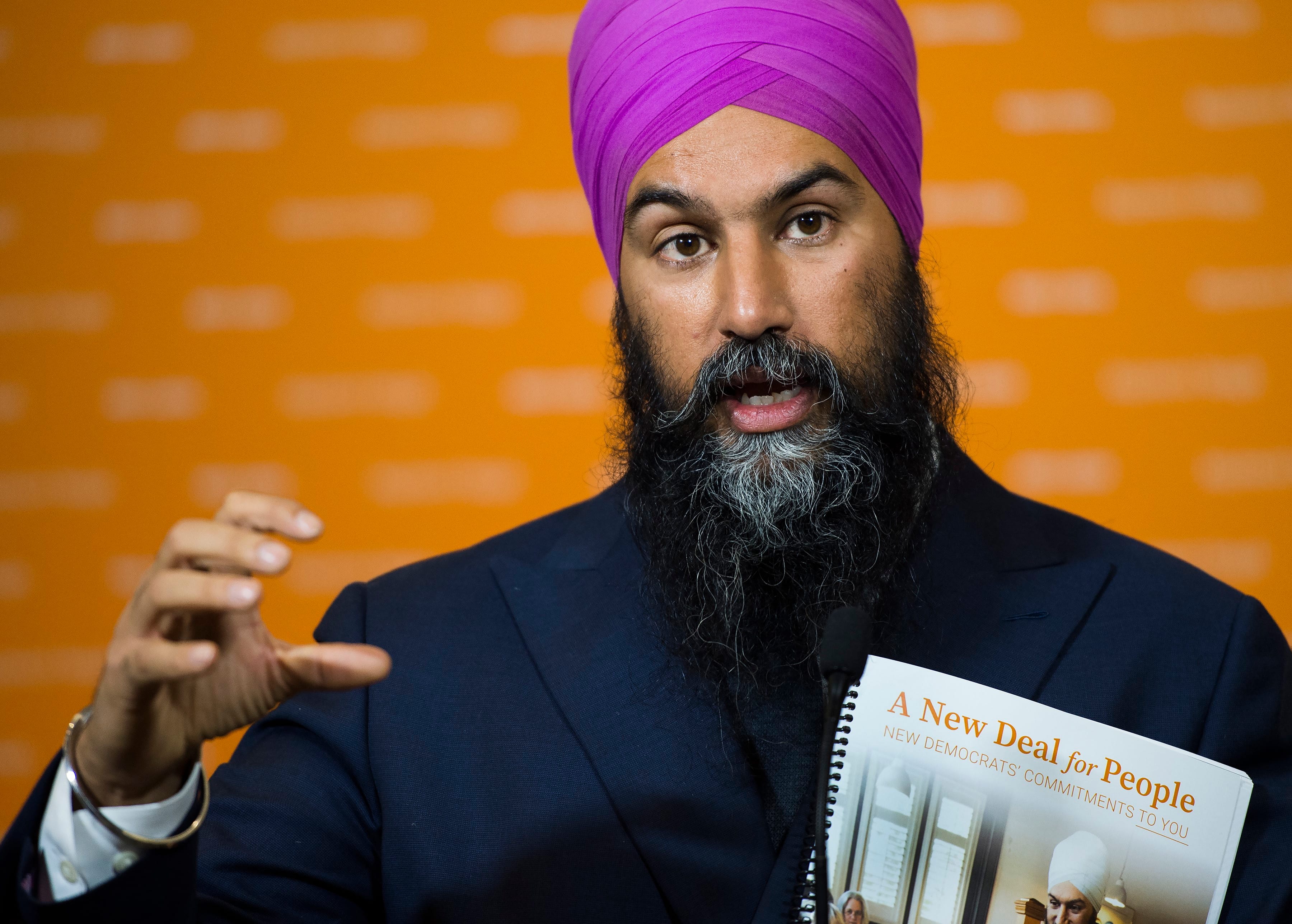 NDP leader Jagmeet Singh answers question from the media during a campaign stop in Ottawa on Friday, October 11, 2019. (Nathan Denette/CP)