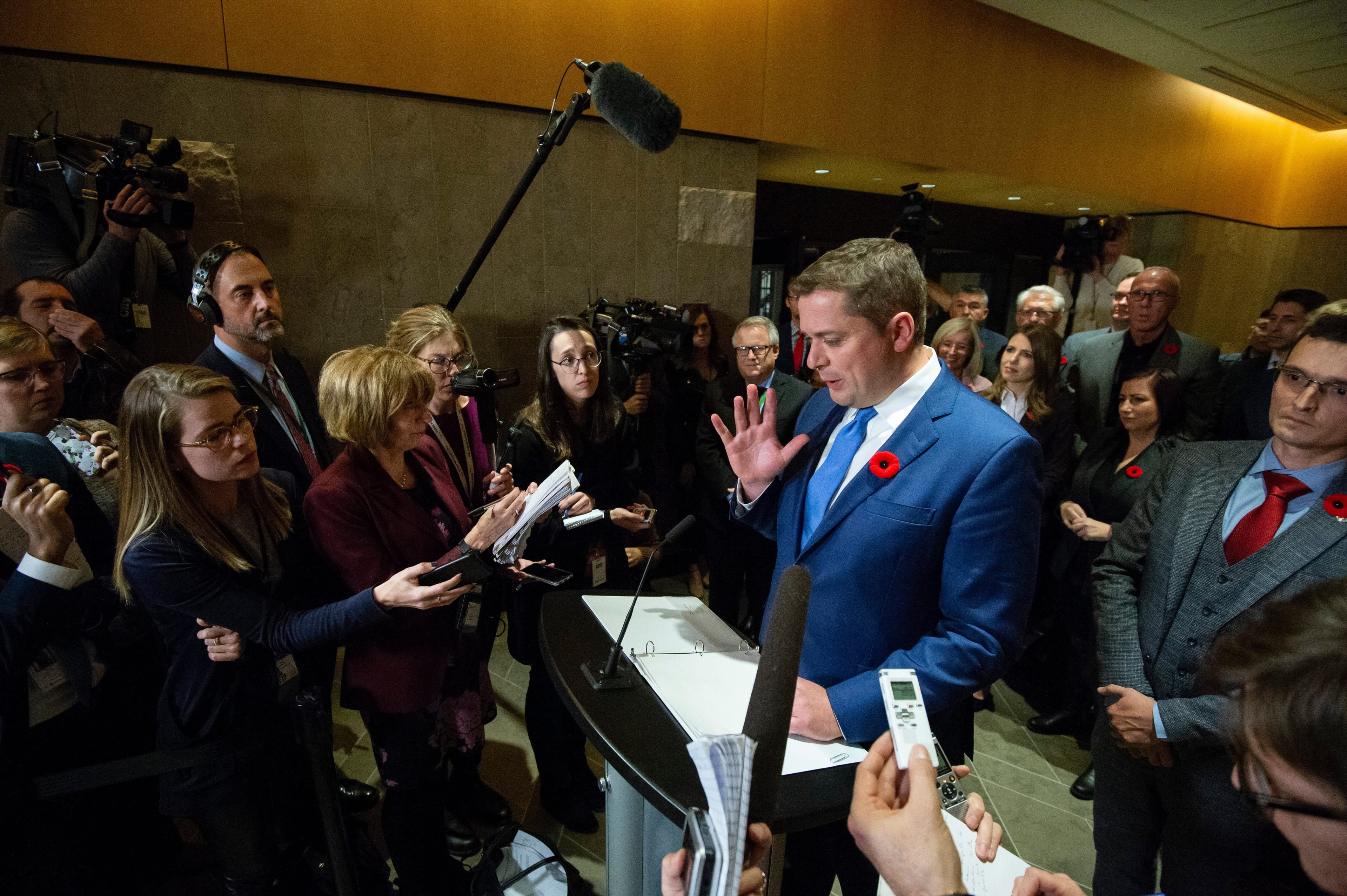Scheer speaks to reporters following a caucus meeting on Parliament Hill in Ottawa, on Nov. 6, 2019 (Justin Tang/CP)