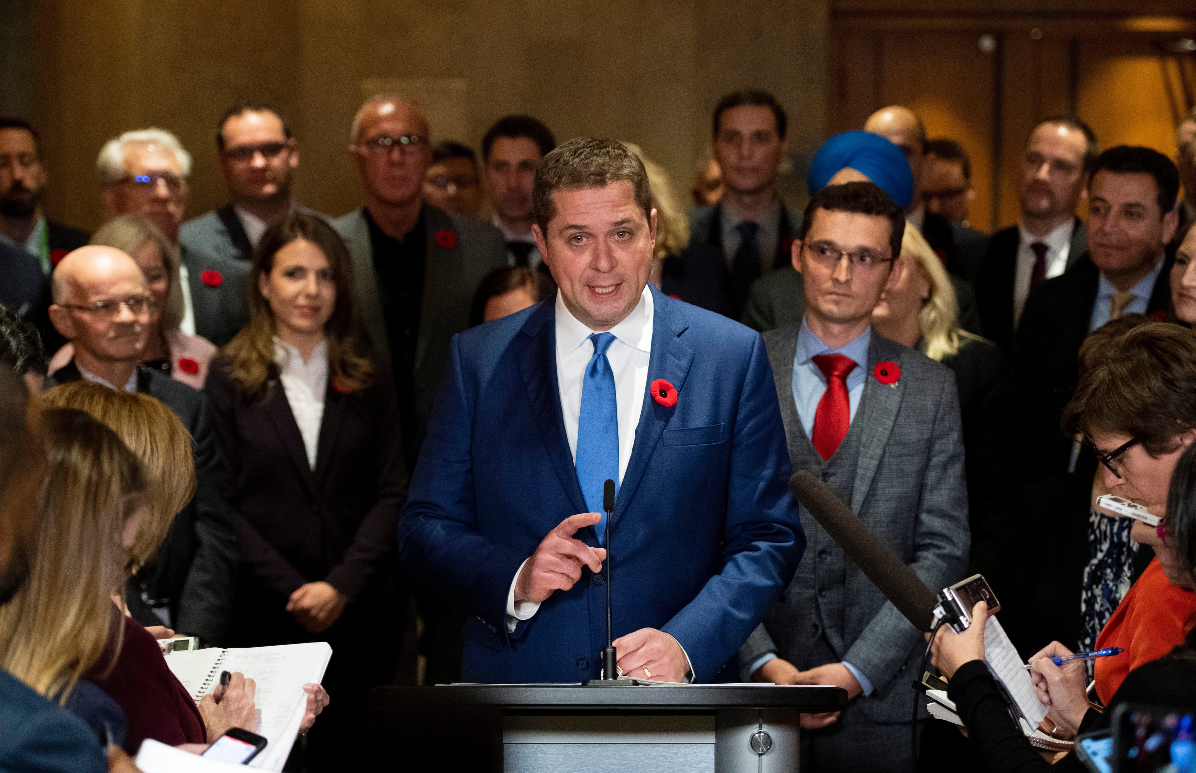 Scheer speaks to reporters following a caucus meeting on Parliament Hill on Nov. 6, 2019 (Justin Tang/CP)