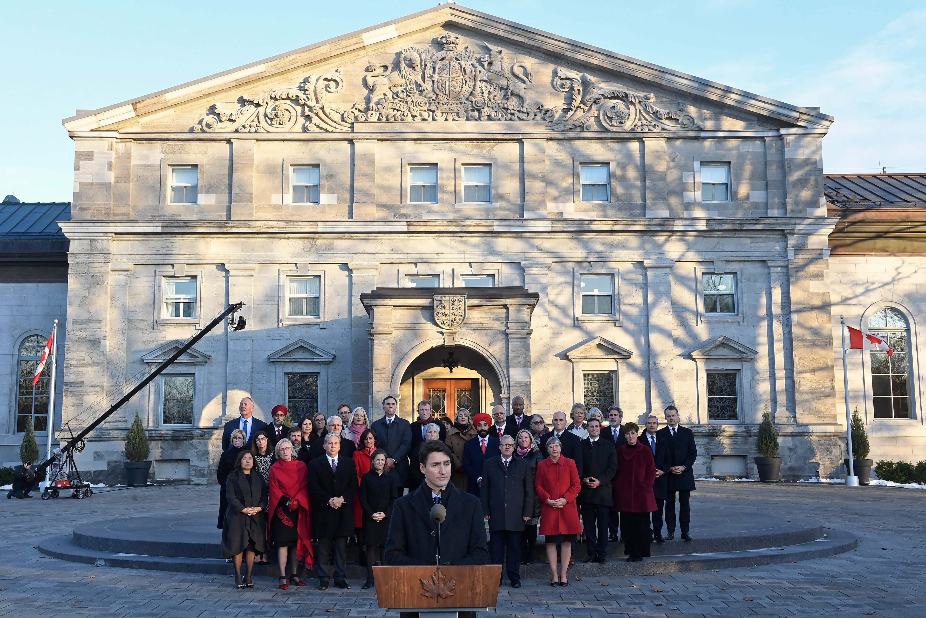 Trudeau speaks following the swearing-in of the new cabinet at Rideau Hall in Ottawa on Nov. 20, 2019 (THE CANADIAN PRESS/Adrian Wyld)
