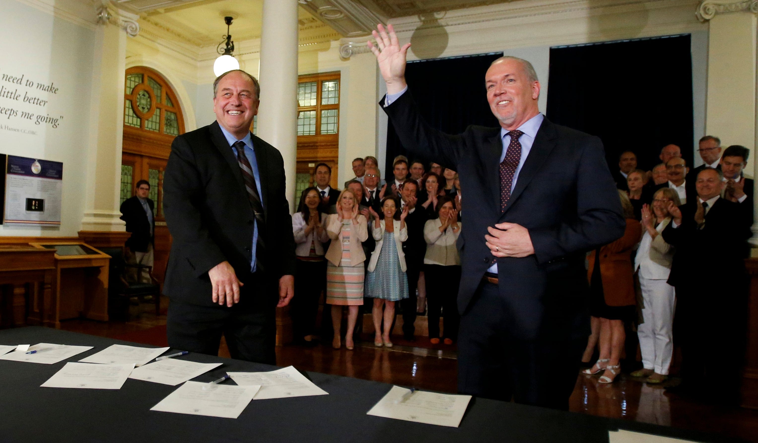 Weaver and Horgan as their parties drew up a power-sharing agreement in May 2017 (Kevin Light/Reuters)