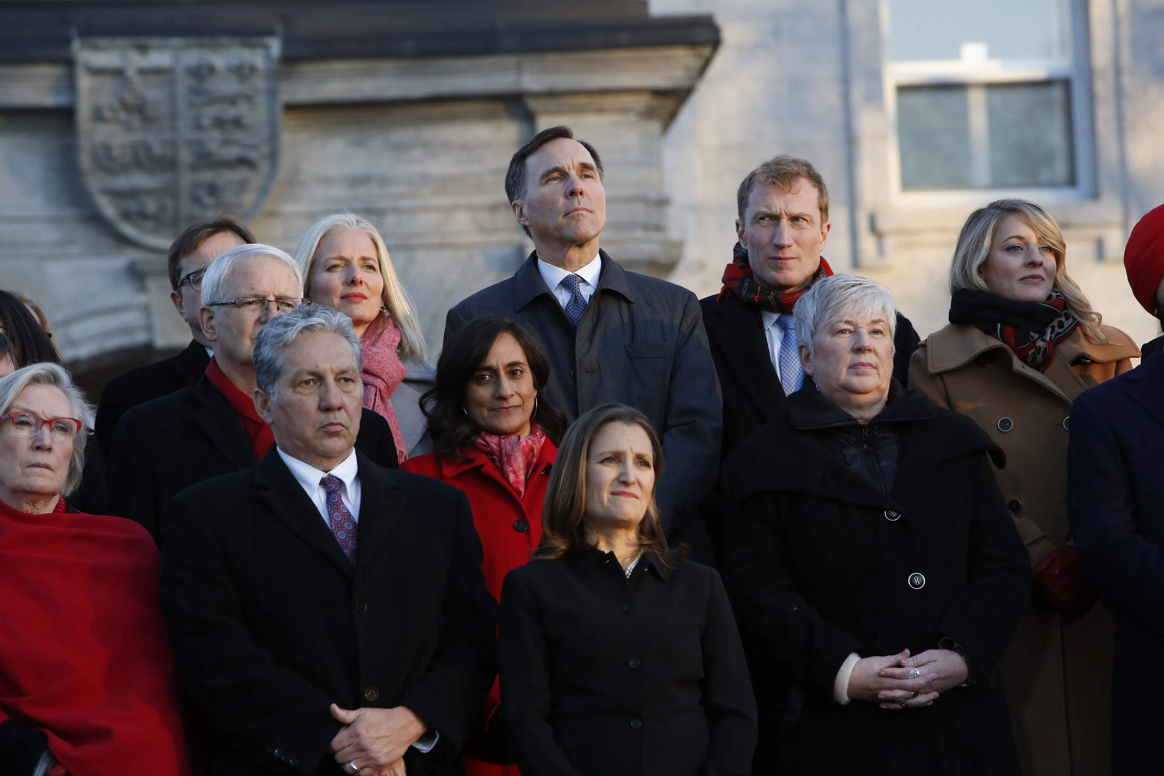 Members of Prime Minister Justin Trudeau's new cabinet listen as he speaks during a news conference following a swearing in ceremony for the new liberal minority government at Rideau Hall in Ottawa, Ontario, Canada, on Nov. 20, 2019. (David Kawai/Bloomberg via Getty Images)