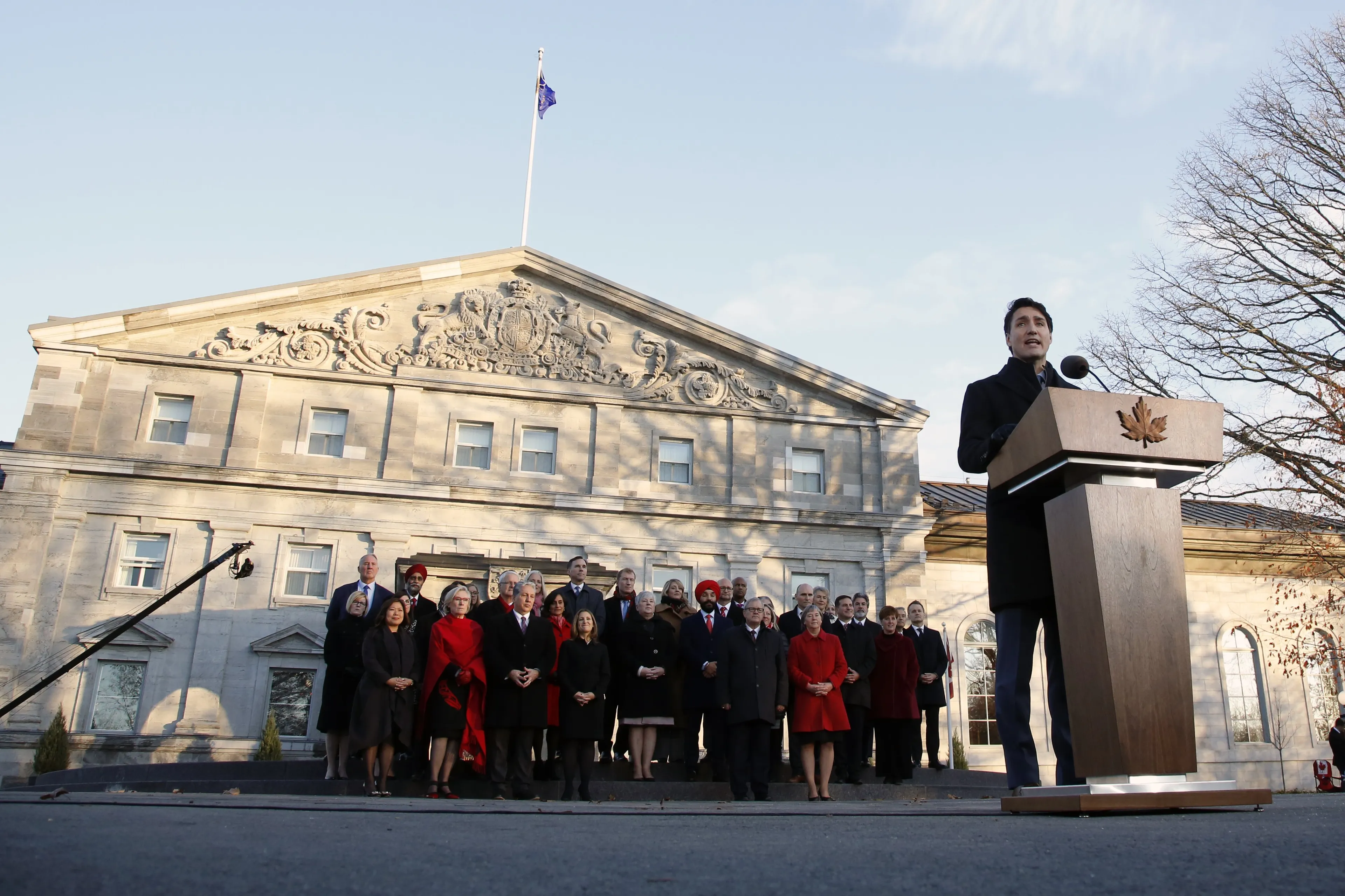 Justin Trudeau speaks at a news conference following a swearing in ceremony for the new liberal minority government at Rideau Hall in Ottawa, Ontario, Canada, on Nov. 20, 2019. (David Kawai/Bloomberg via Getty Images)
