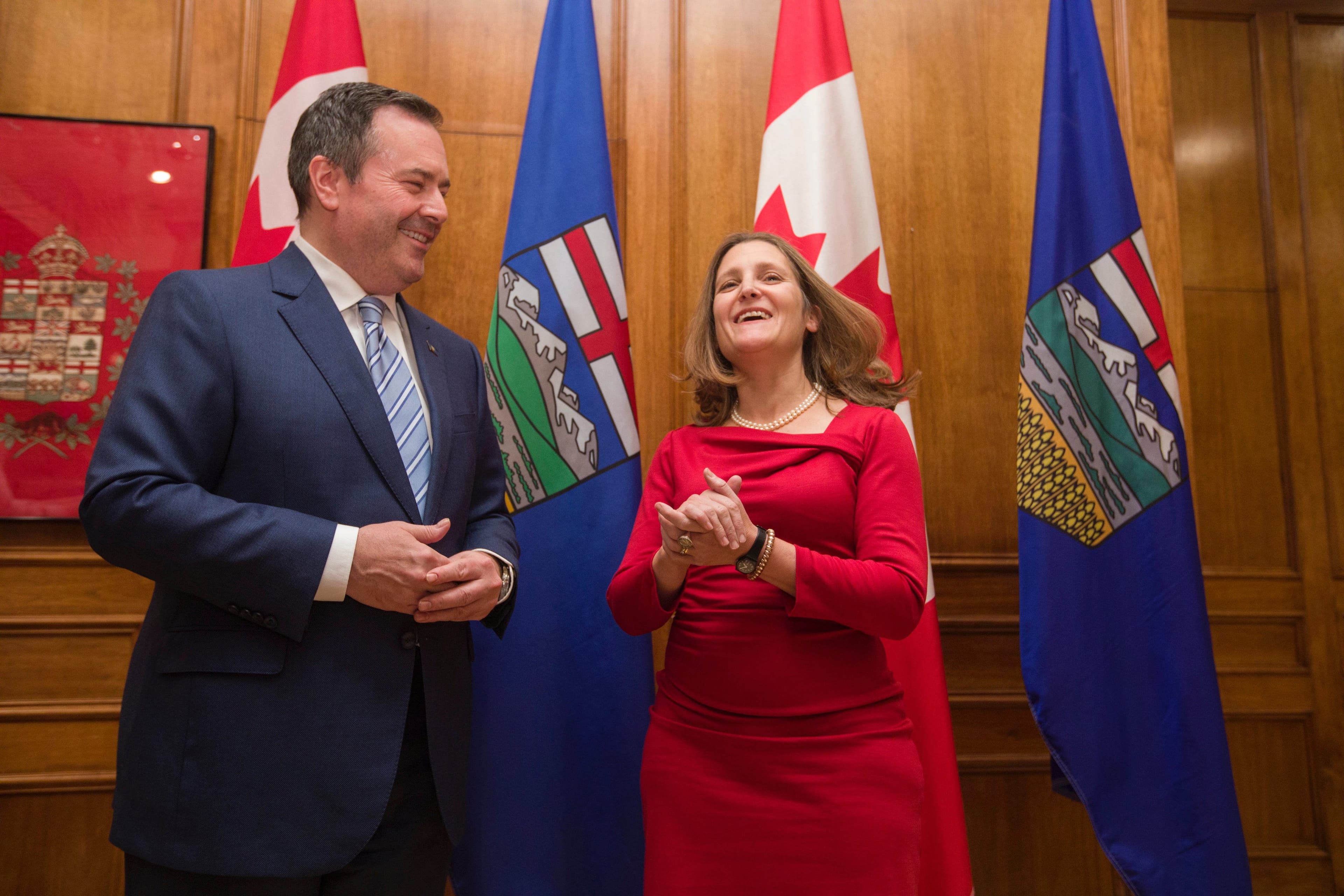 Freeland and Kenney before their meeting in Edmonton on Monday (Amber Bracken/CP)