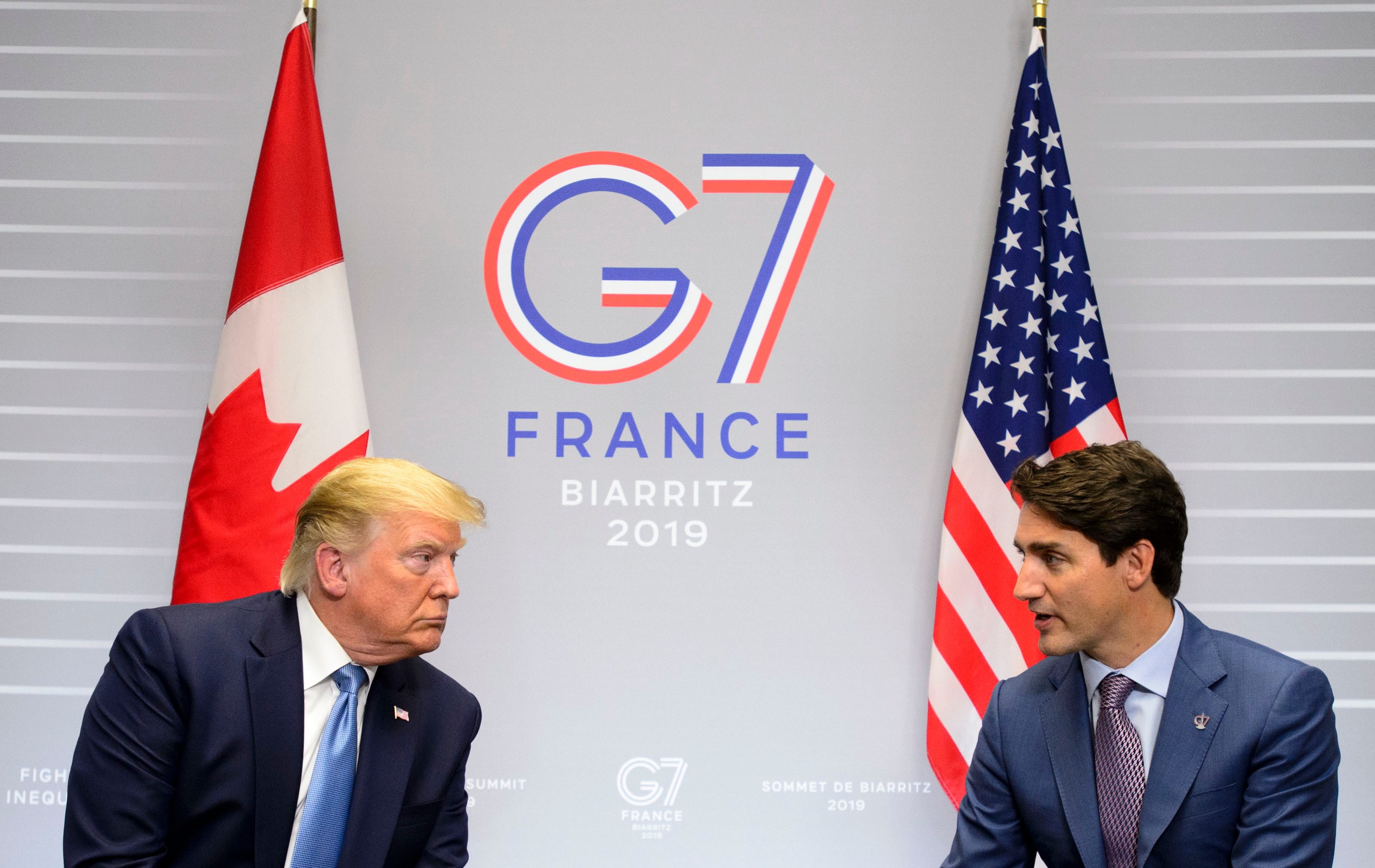Prime Minister Justin Trudeau takes part in a bilateral meeting with U.S. President Donald Trump during the G7 Summit in Biarritz, France on Sunday, Aug 25, 2019. (Sean Kilpatrick/CP)