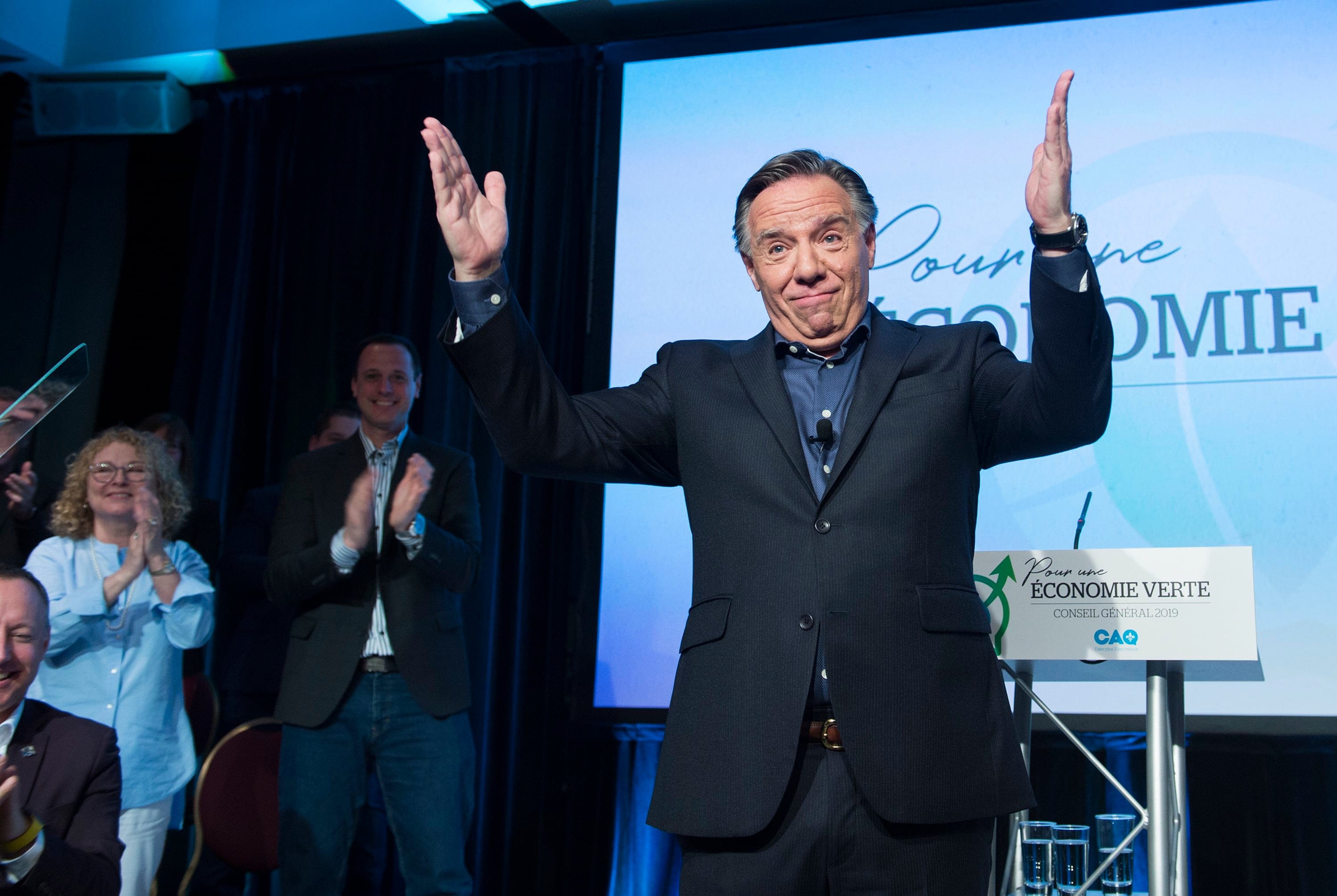 Quebec Premier and CAQ leader Francois Legault speaks during the party's general council meeting in Montreal on May 26, 2019 (Graham Hughes/CP)