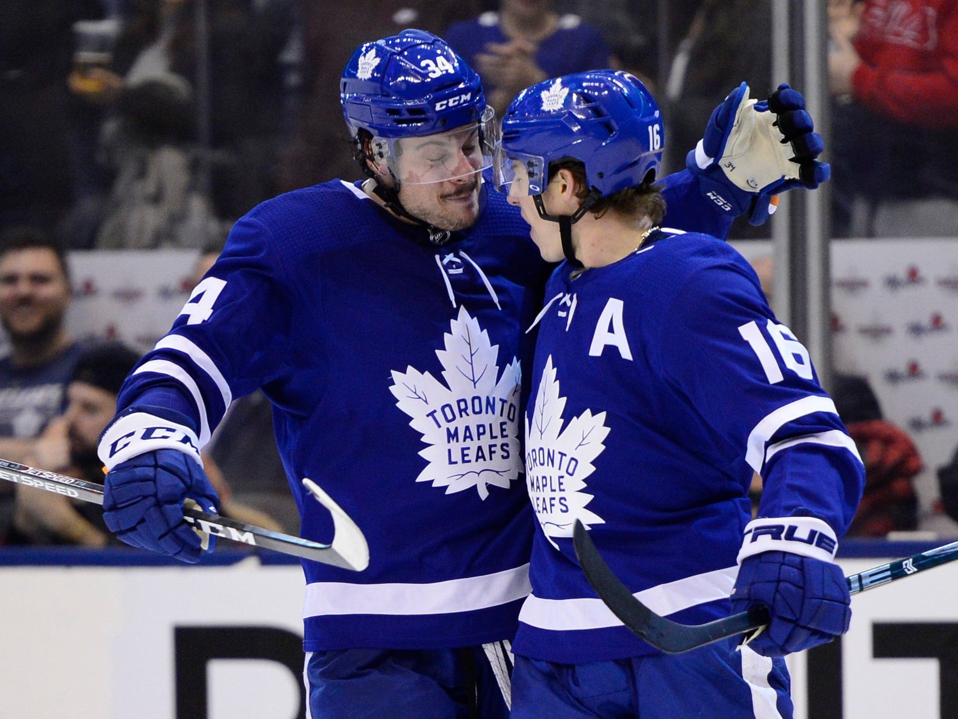Leafs right winger Mitch Marner (right) celebrates a goal with teammate Auston Matthews during a game in Toronto on Dec. 23, 2019 (Frank Gunn/CP)