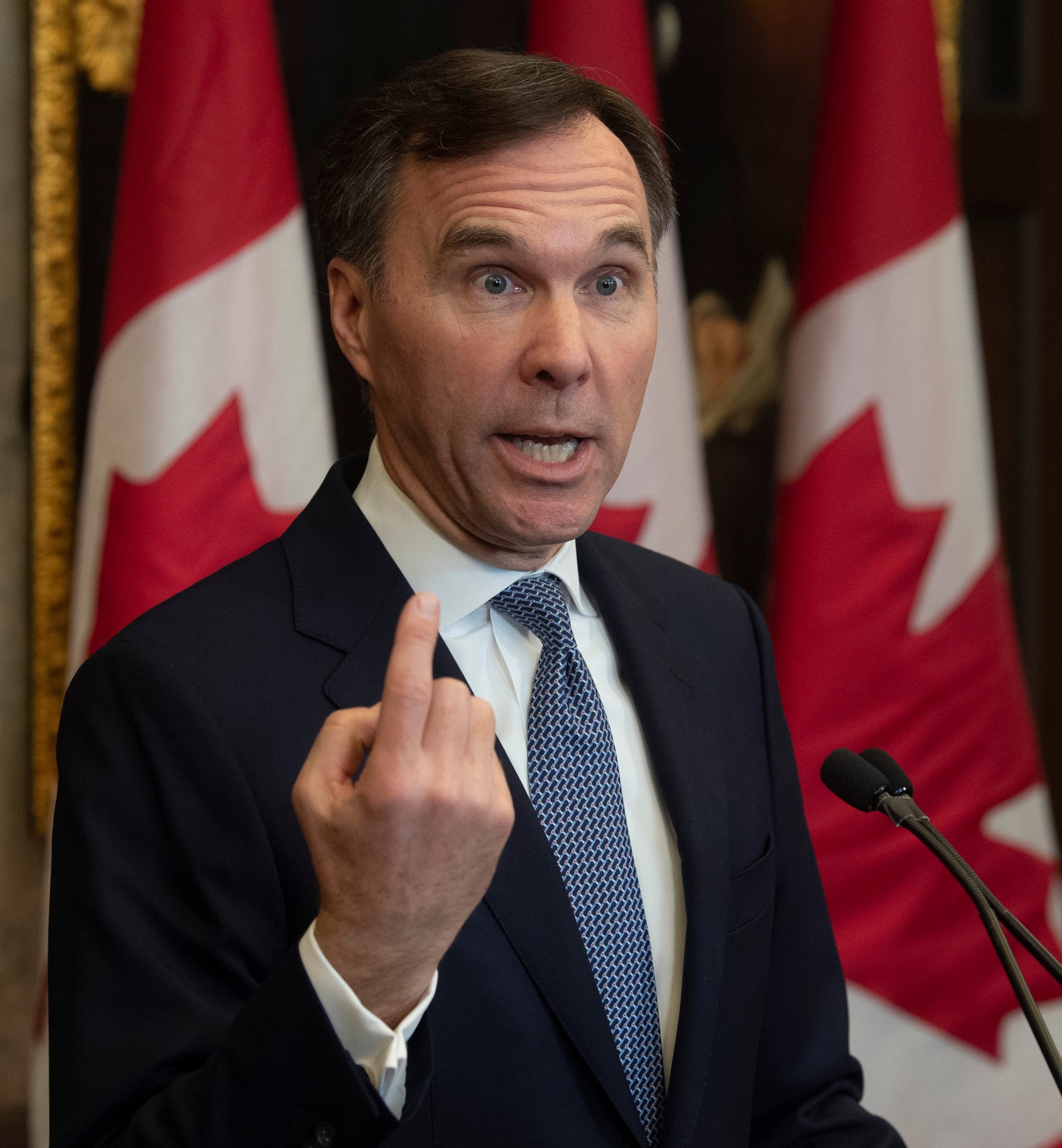 Minister of Finance Bill Morneau provides a fiscal update, Monday, December 16, 2019 in the Foyer of West block in Ottawa. (Adrian Wyld/CP)